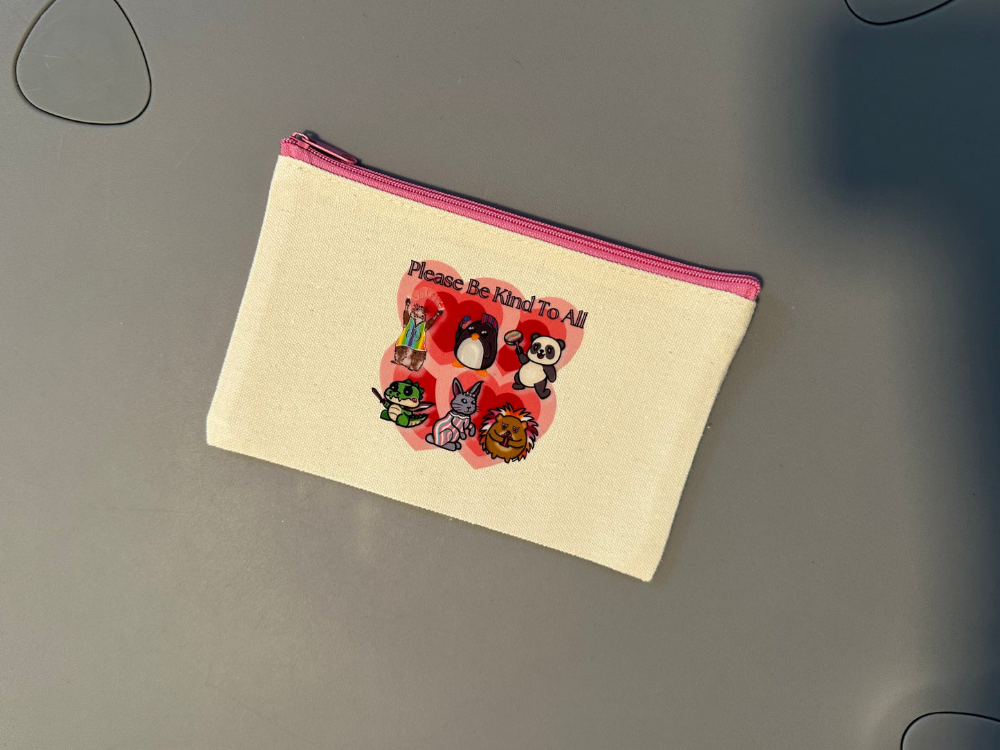 “Please Be Kind to All” Zipper Pouch – Pink Heart Design, White Zipper - No Handle