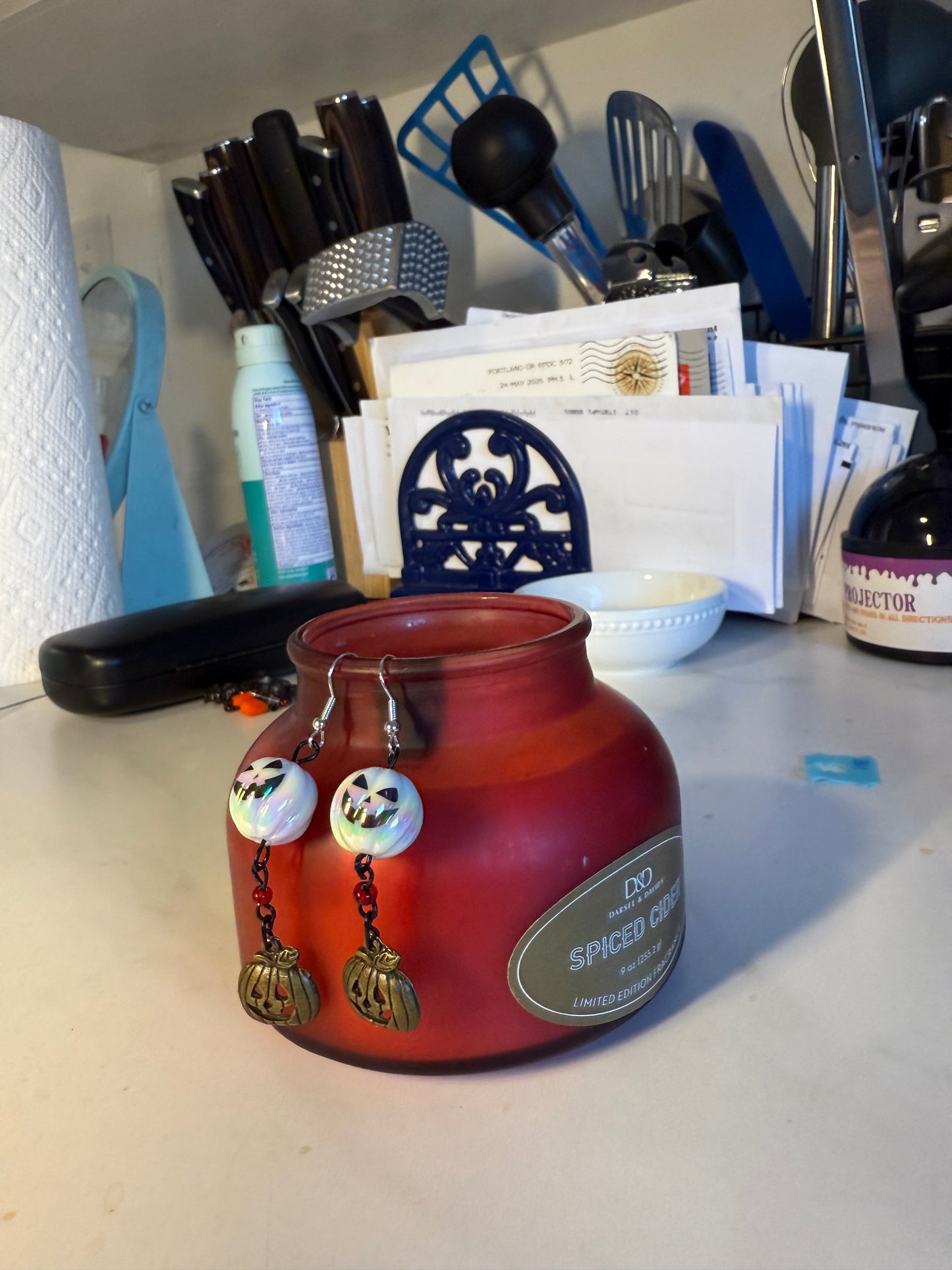 2” Handcrafted Halloween Long Earrings | White Jack-O’-Lantern & Brass Charm