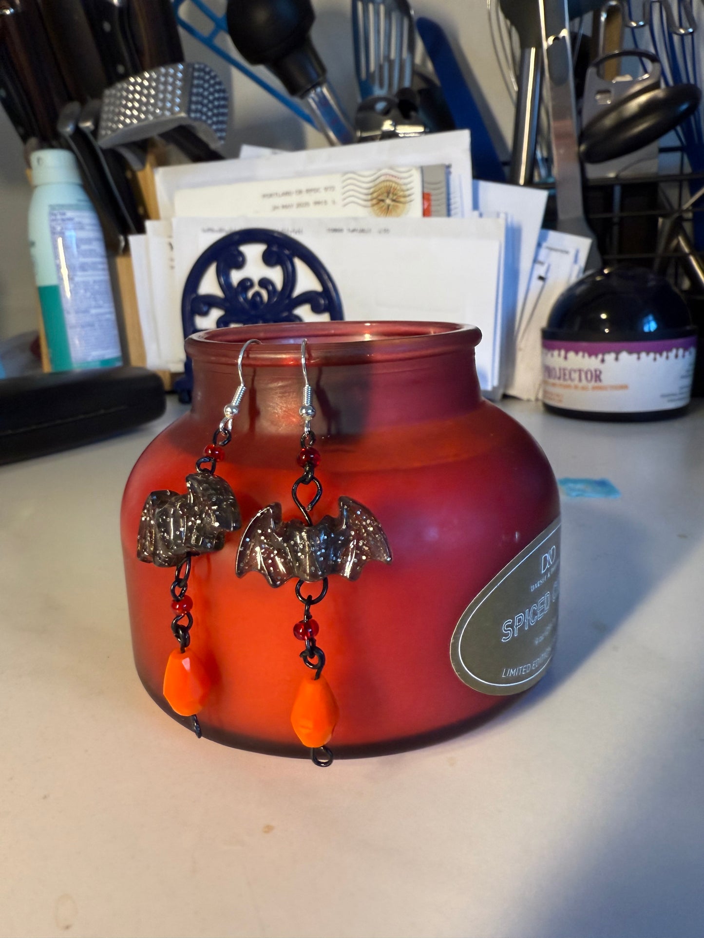 2” Handcrafted Halloween Long Earrings | Black Sparkling Bat & Red Beads