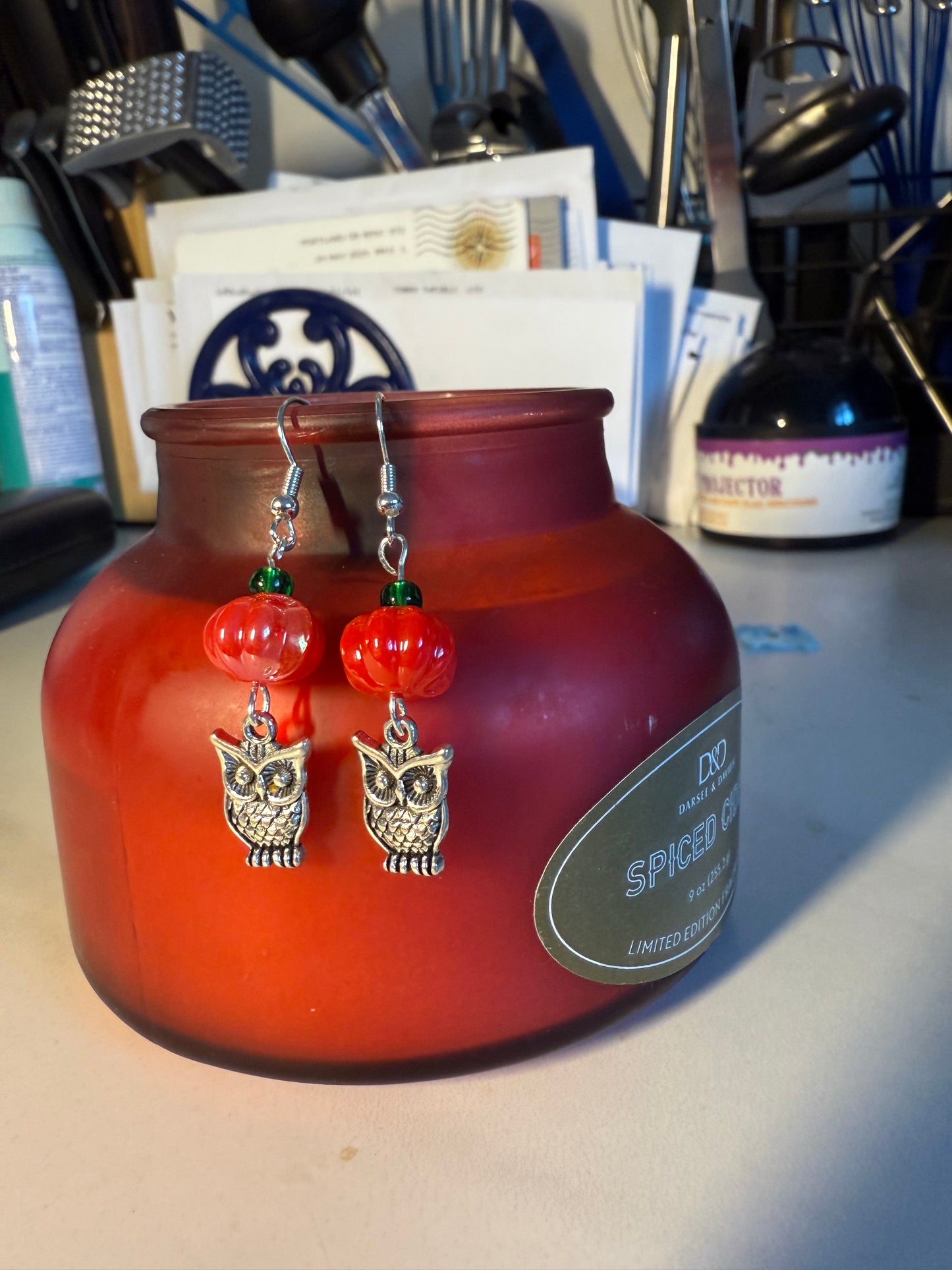 1” Handcrafted Halloween Earrings | Silver Owl Charm, Pumpkin Bead & Green Accent