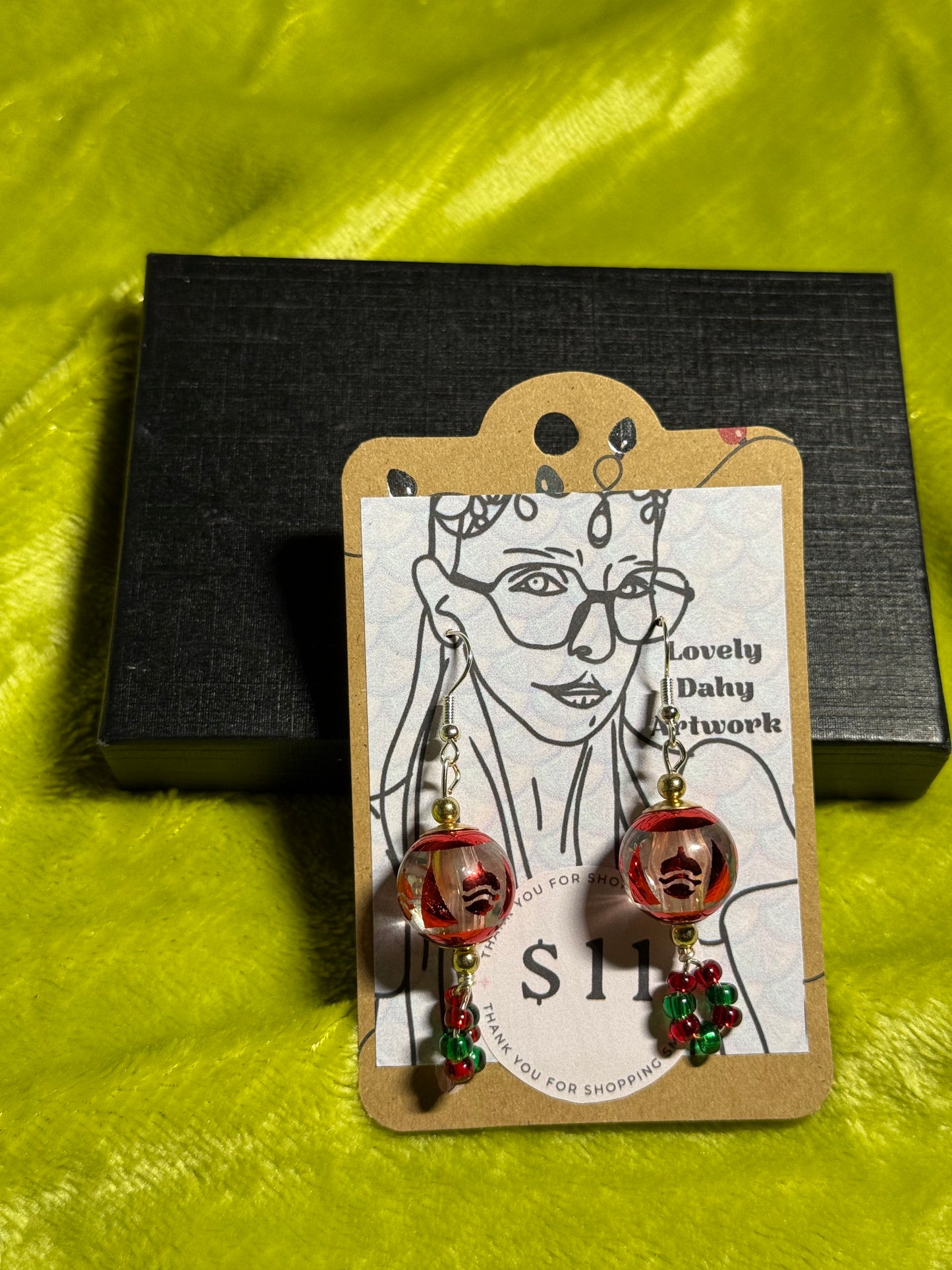 Red Tree Pinecone Globe Earrings with Festive Colored Beads —2” Dangle