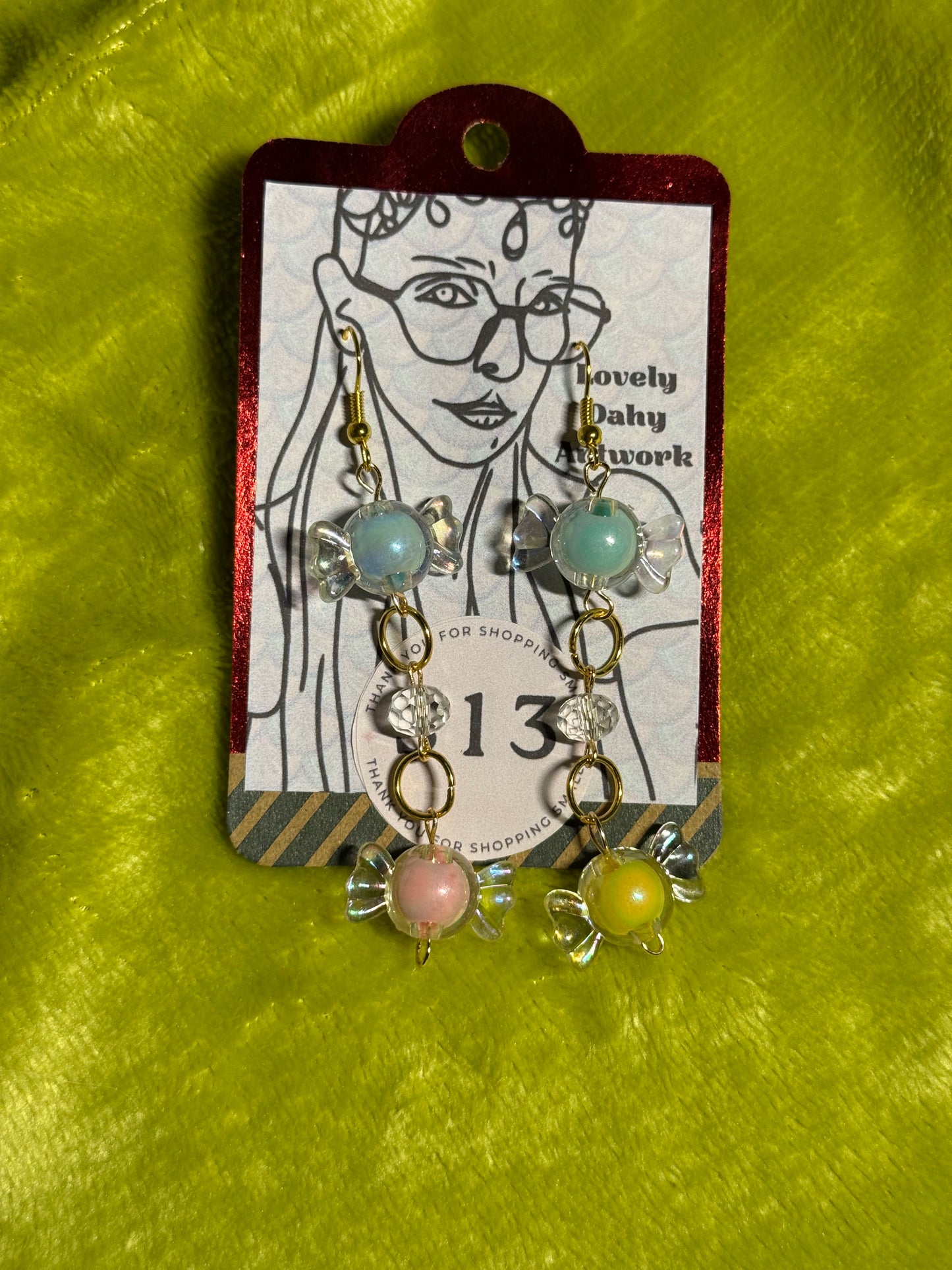 Mismatched Candy Twist Earrings Blue Top Candies— 2.5” Dangle