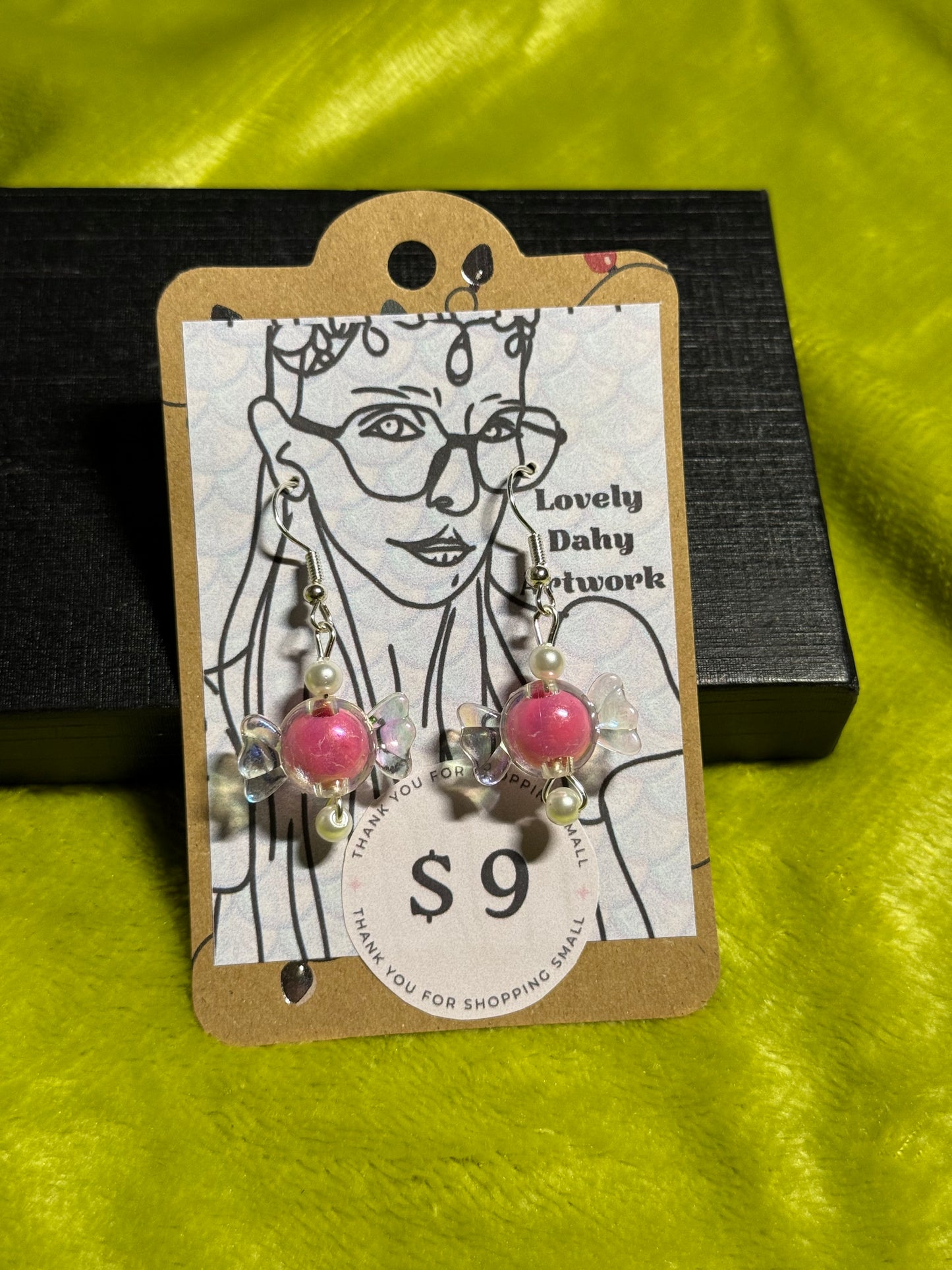 Pink Candy Earrings with White Bead Accent— 1” Dangle