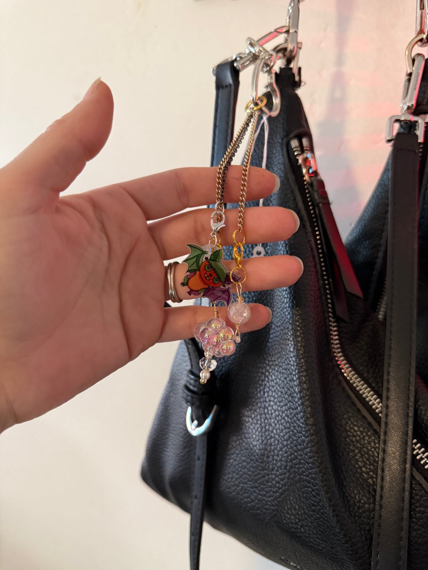 Silver Heart Carabiner Multipurpose Keychain | Three Mini Chains with Frankenbat & Beaded Charms