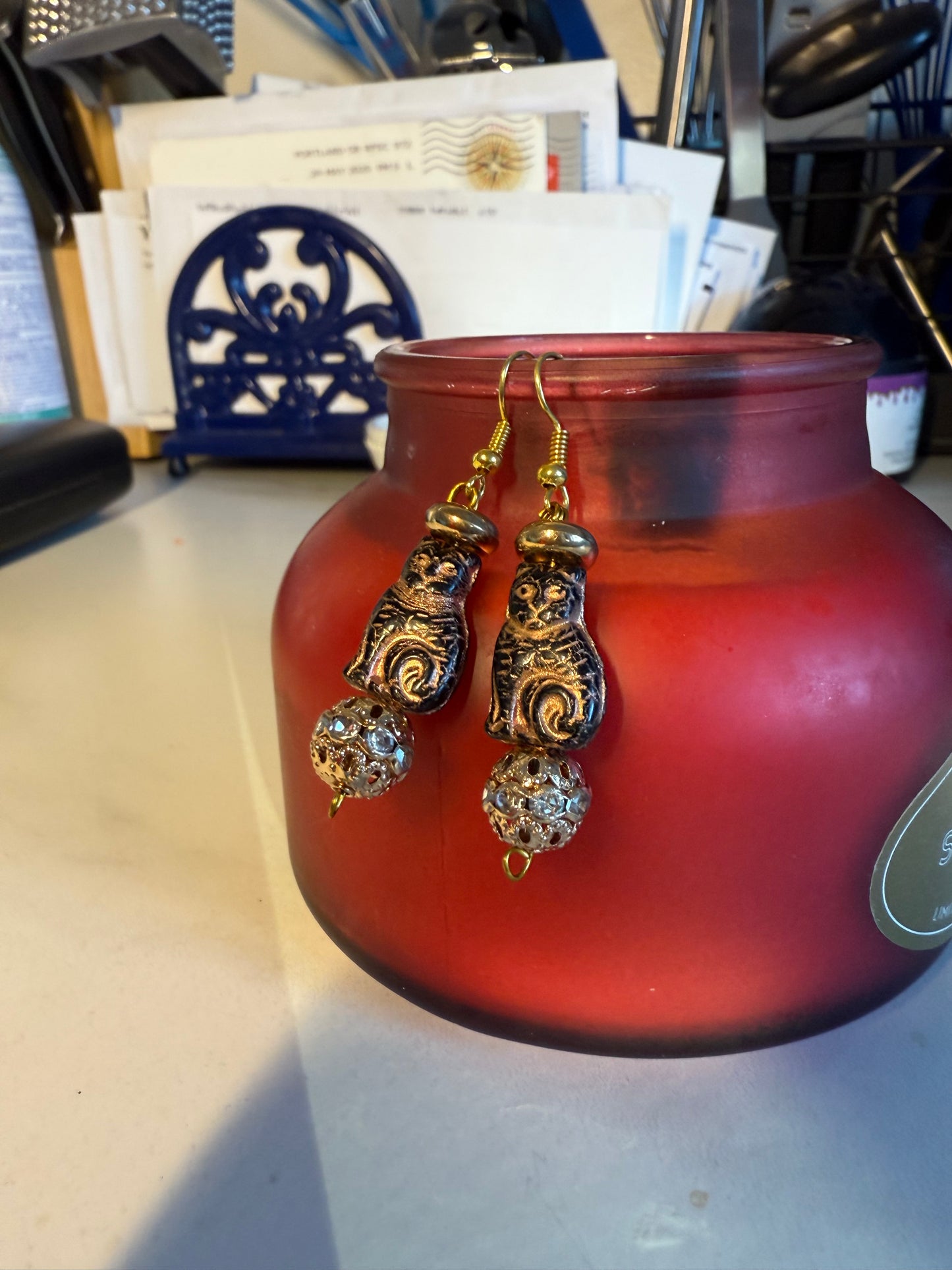 1” Medium Halloween Earrings – Gold Hook with Brown Cat & Metallic Beads