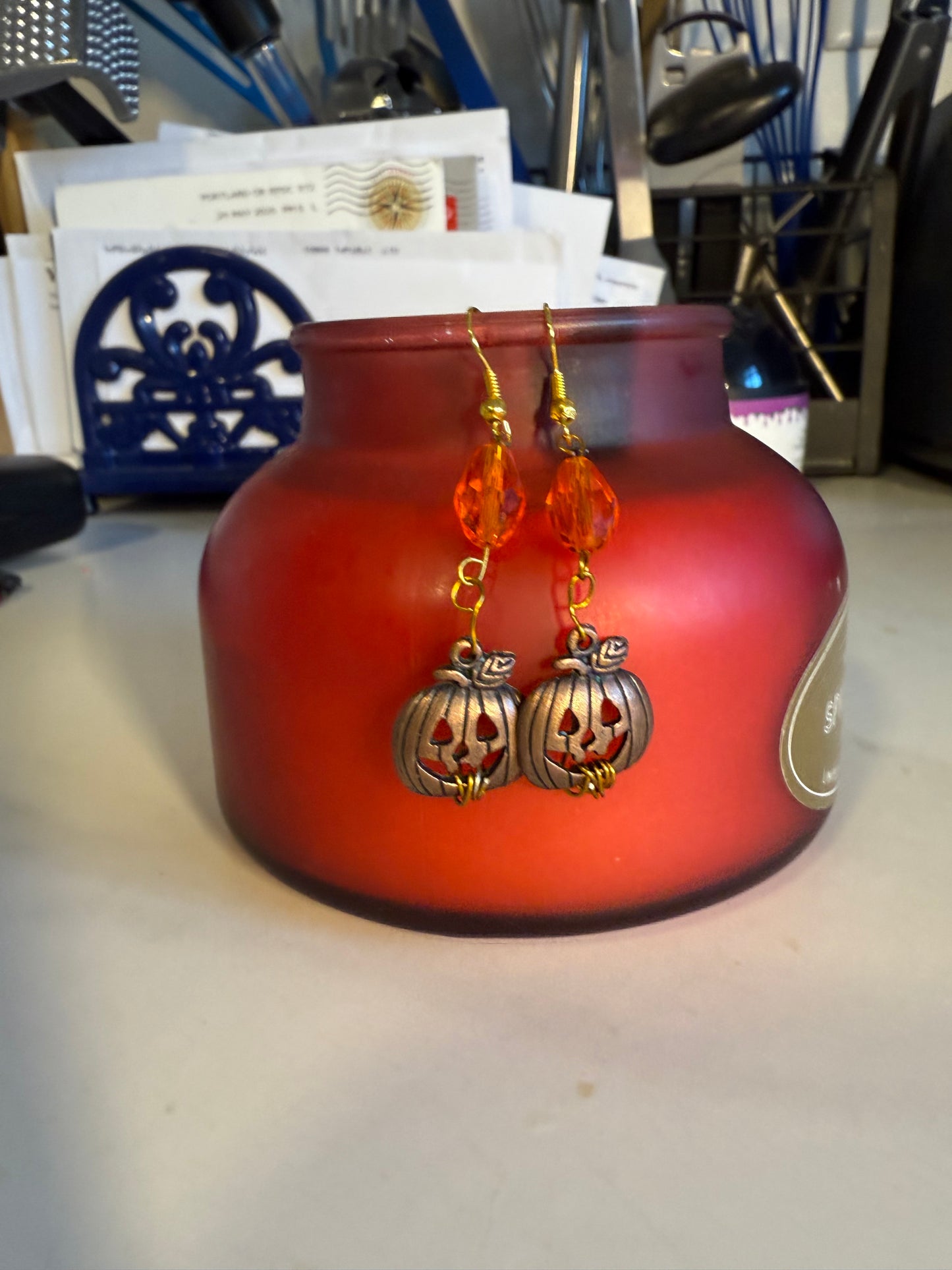 2” Handcrafted Halloween Long Earrings | Semi-Clear Orange & Brass Jack-O’-Lantern