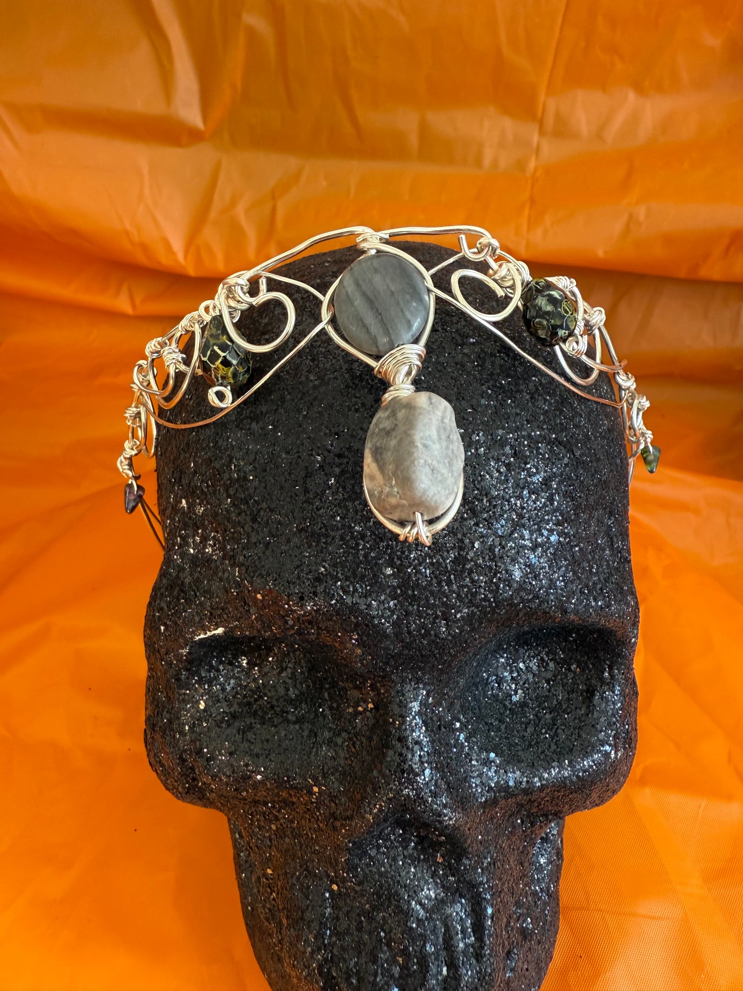 Whimsical Silver Crown with Flat & Raised Center Stones | Handcrafted Elven Headpiece