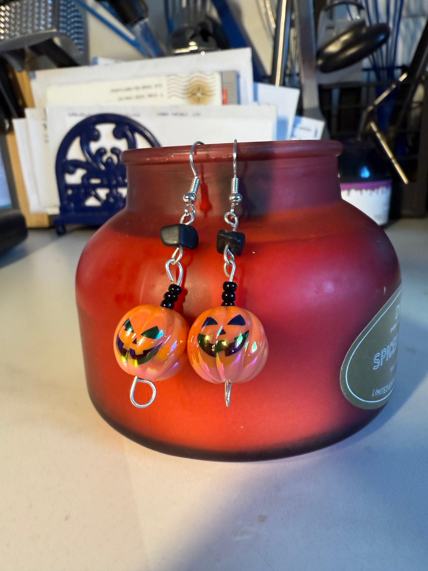 1” Medium Halloween Earrings – Orange Pumpkin, Black Stone & Black Accent Beads
