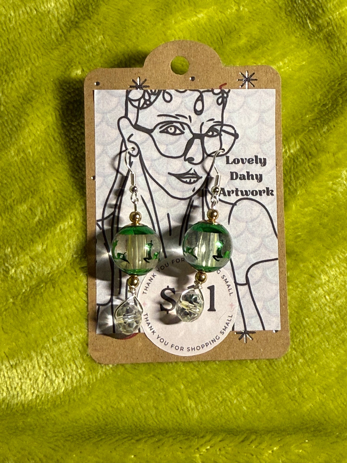 Green Reindeer Globe Earrings & Clear Crystal Bottom— 2” Dangle
