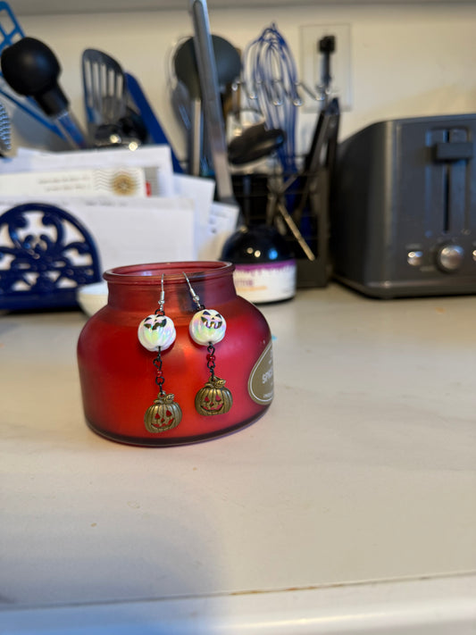 2” Handcrafted Halloween Long Earrings | White Jack-O’-Lantern & Brass Charm