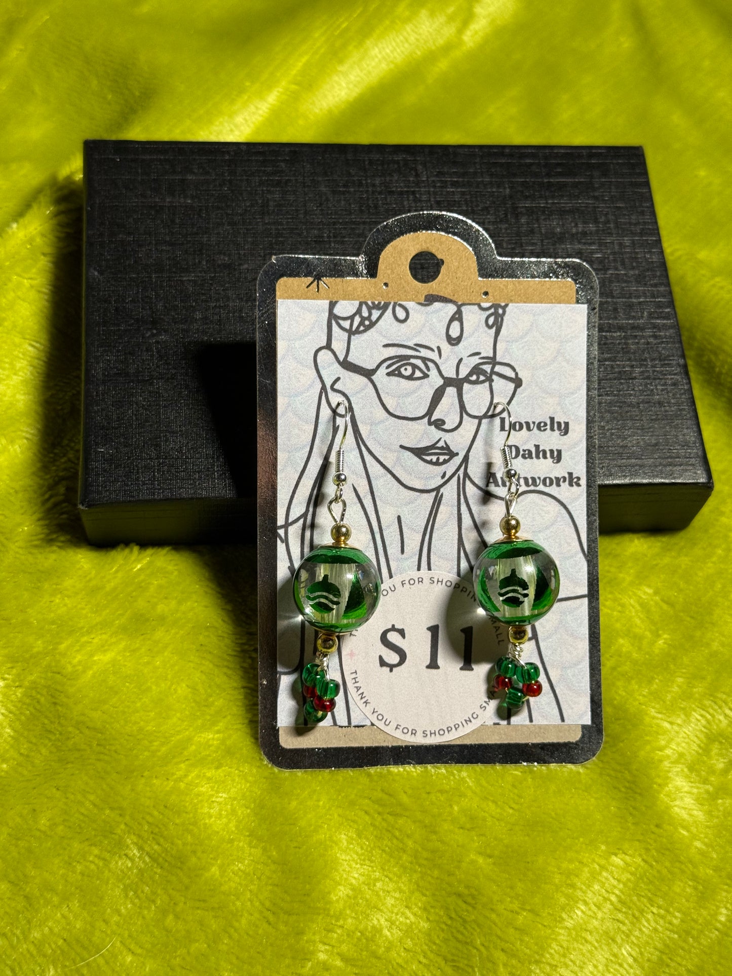 Green Tree & Pinecone Globe Earrings with Festive Beads — 2” Dangle