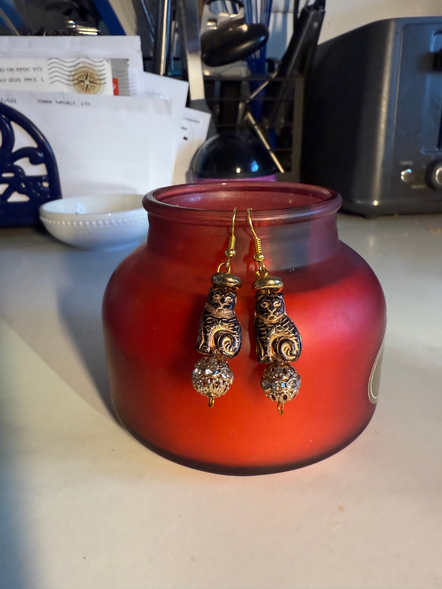 1” Medium Halloween Earrings – Gold Hook with Brown Cat & Metallic Beads