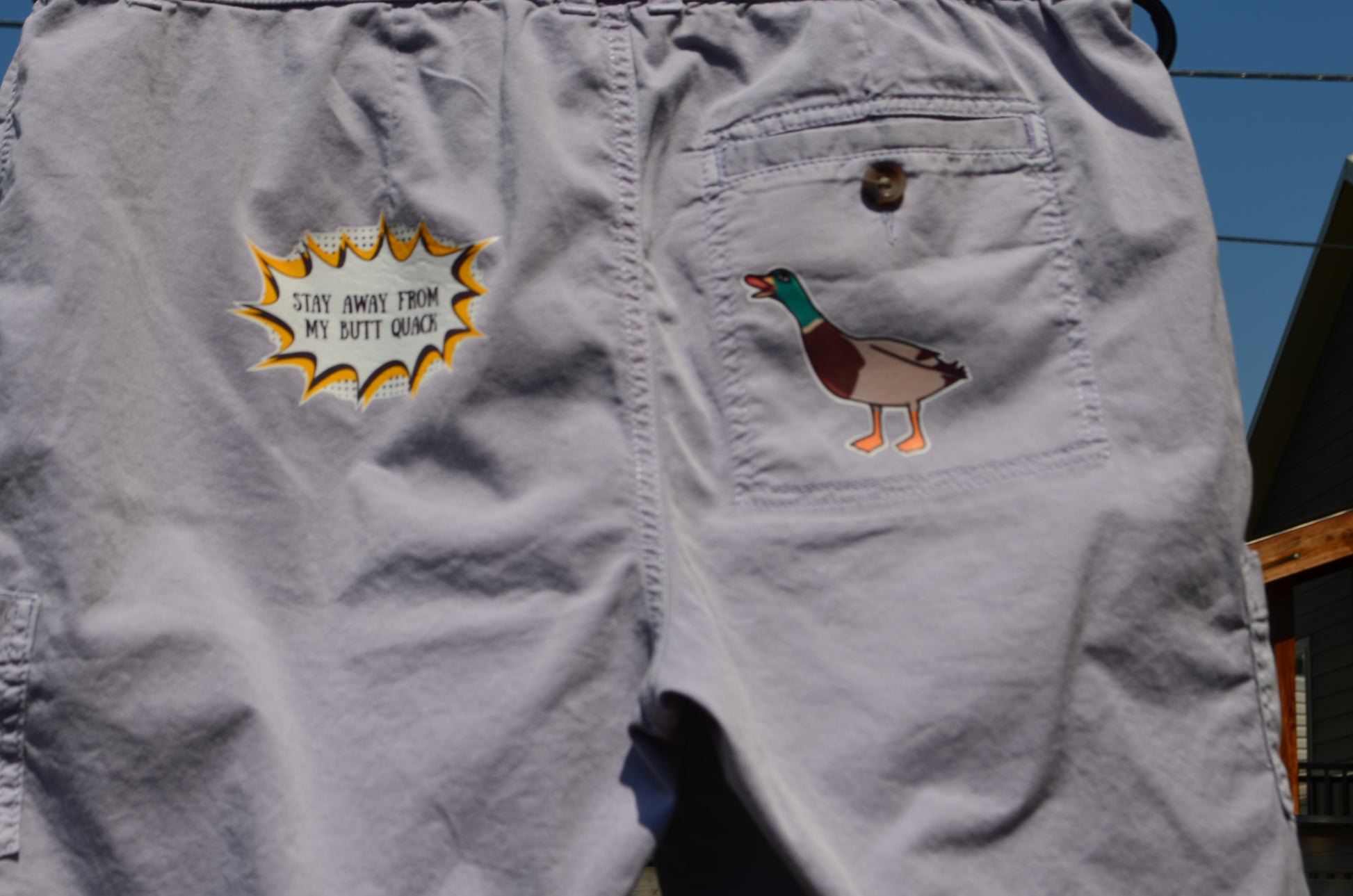 “Stay Away From My Butt Quack” Purple Cargo Shorts