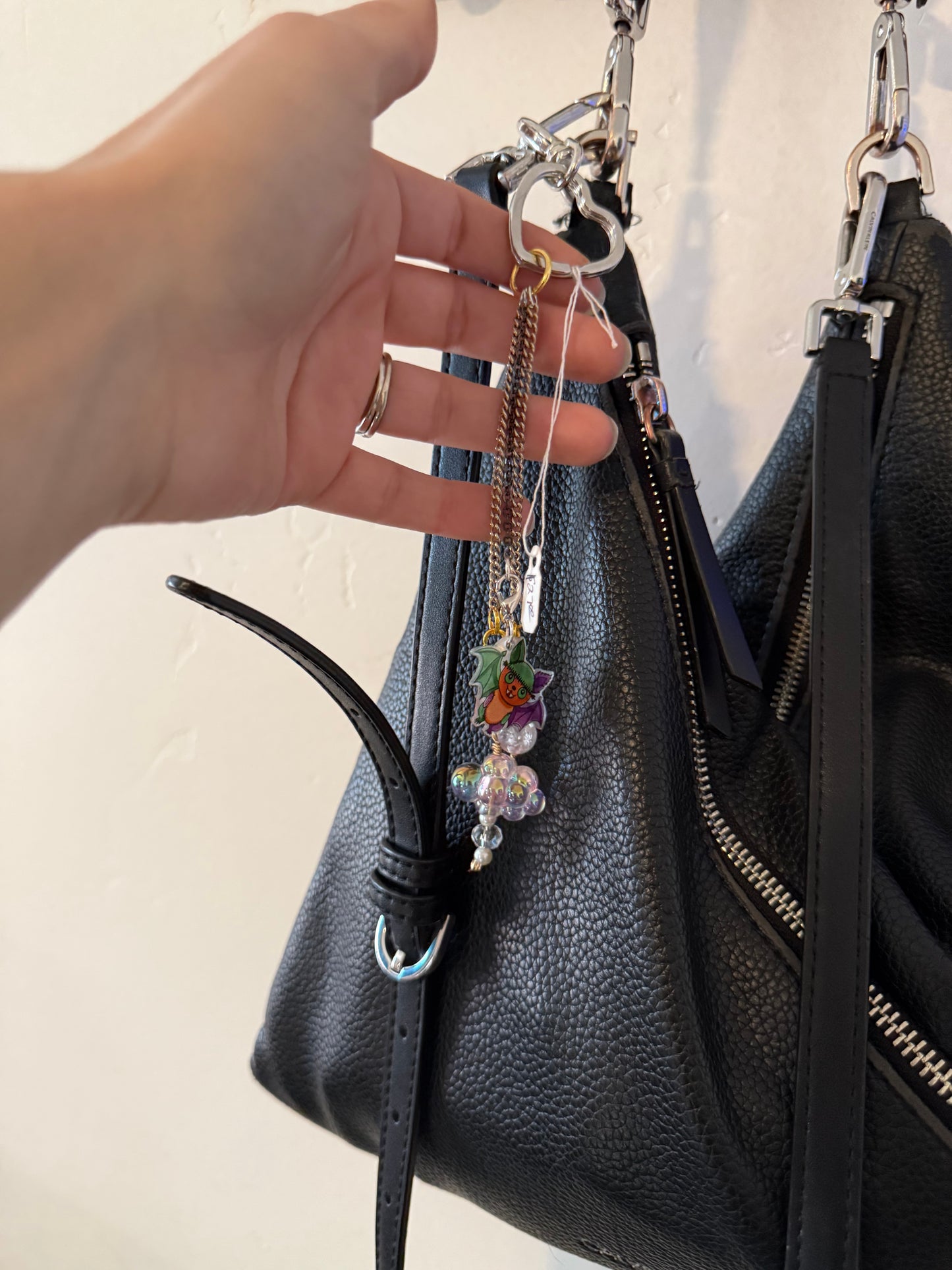 Silver Heart Carabiner Multipurpose Keychain | Three Mini Chains with Frankenbat & Beaded Charms