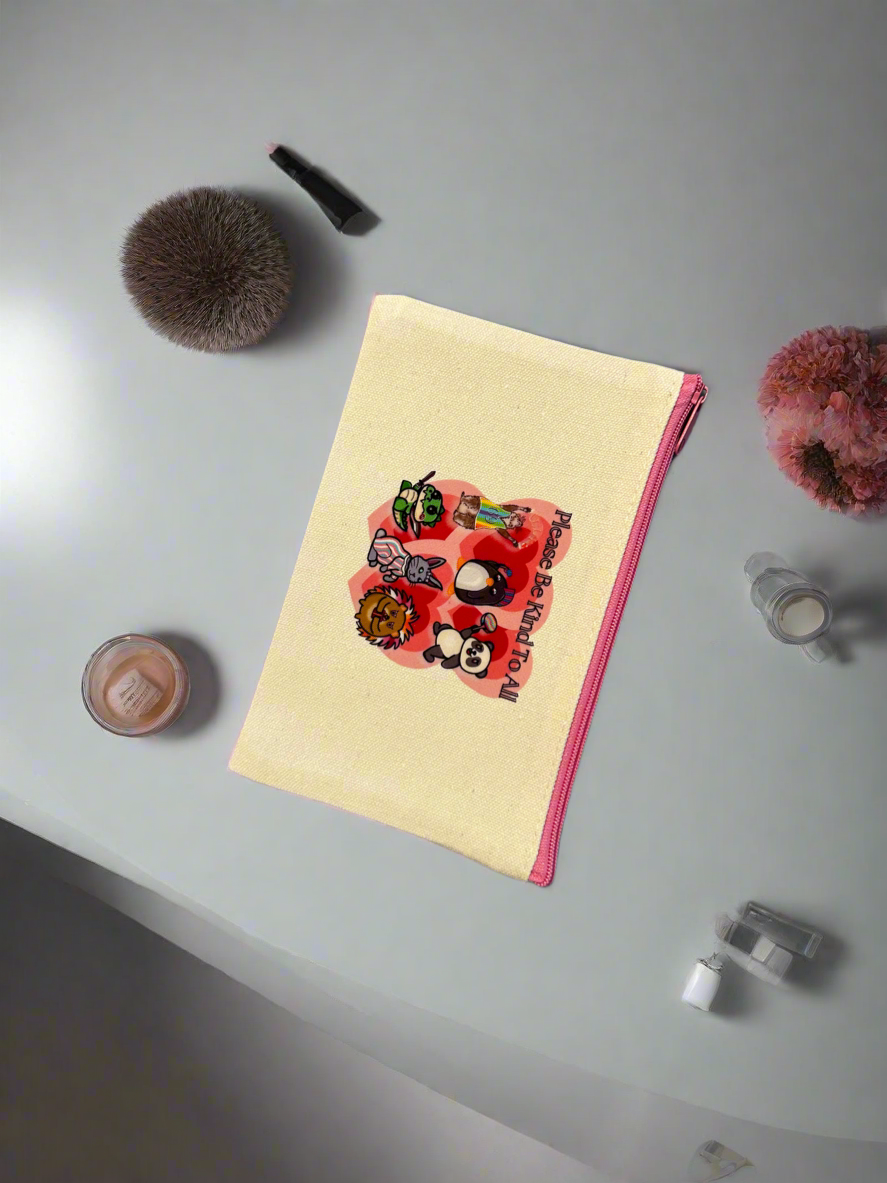 “Please Be Kind to All” Zipper Pouch – Pink Heart Design, White Zipper - No Handle