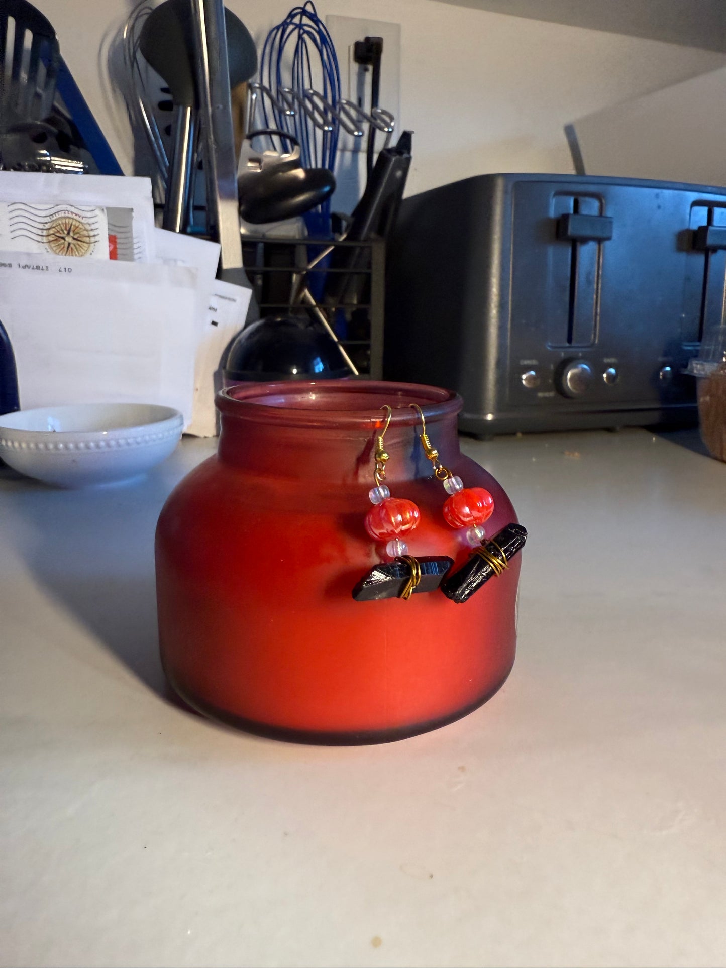 1” Handcrafted Halloween Earrings | Black Stone & Pumpkin Bead with Iridescent Accents