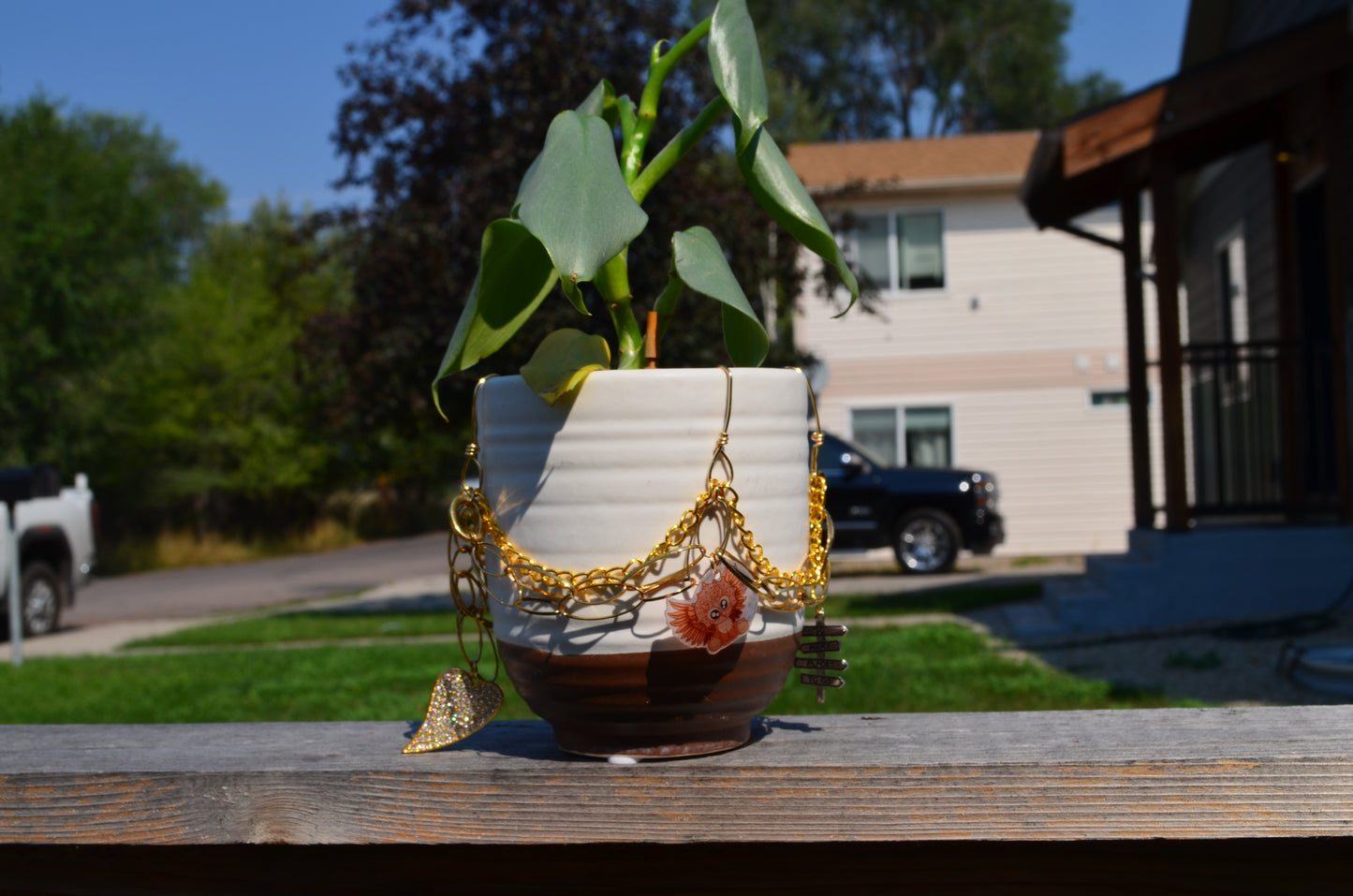 White and Brown Pretty Plants Pot | Upcycled Jewelry & Mashup Critters Artwork | **Plant Not Included