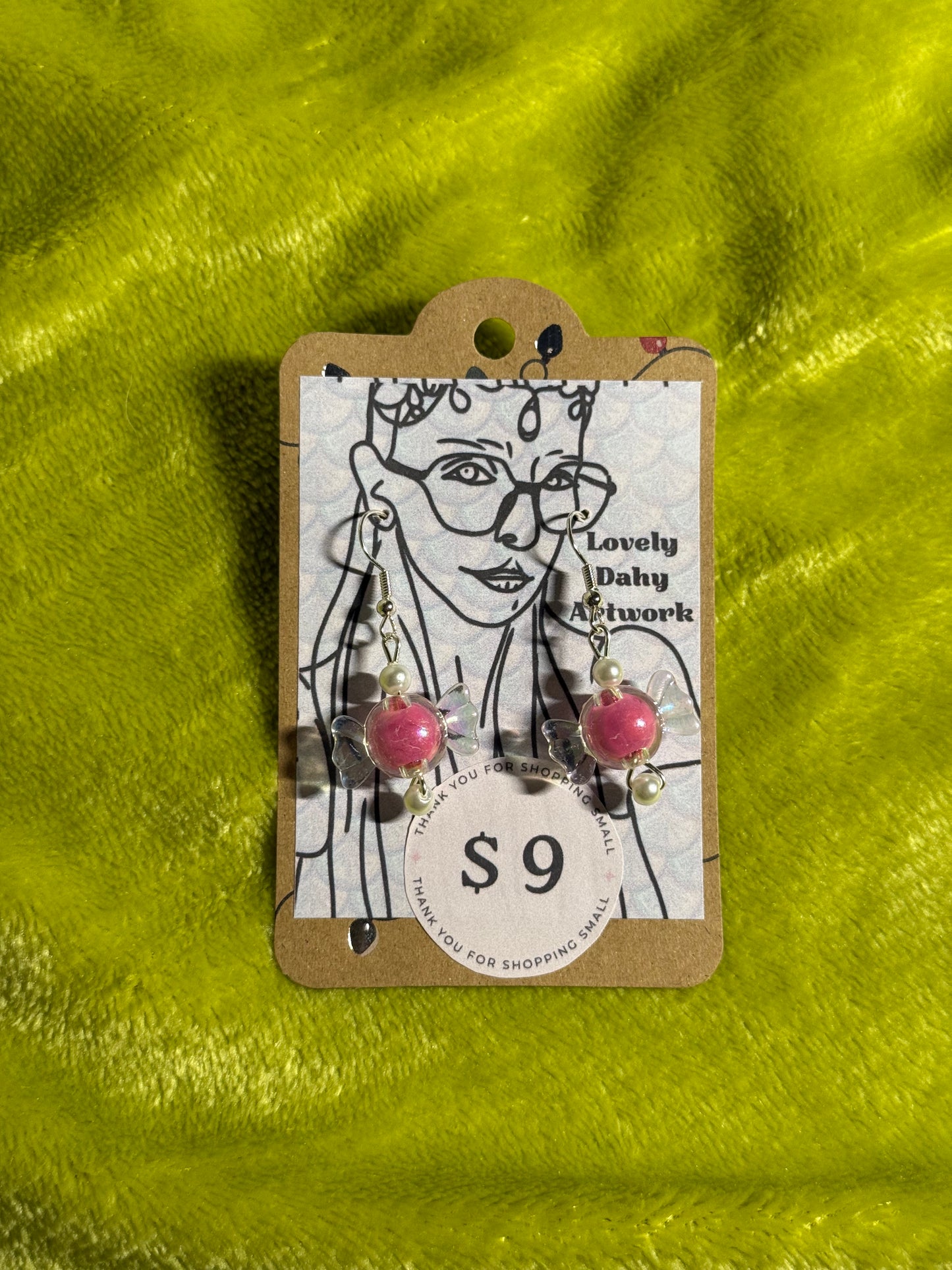 Pink Candy Earrings with White Bead Accent— 1” Dangle