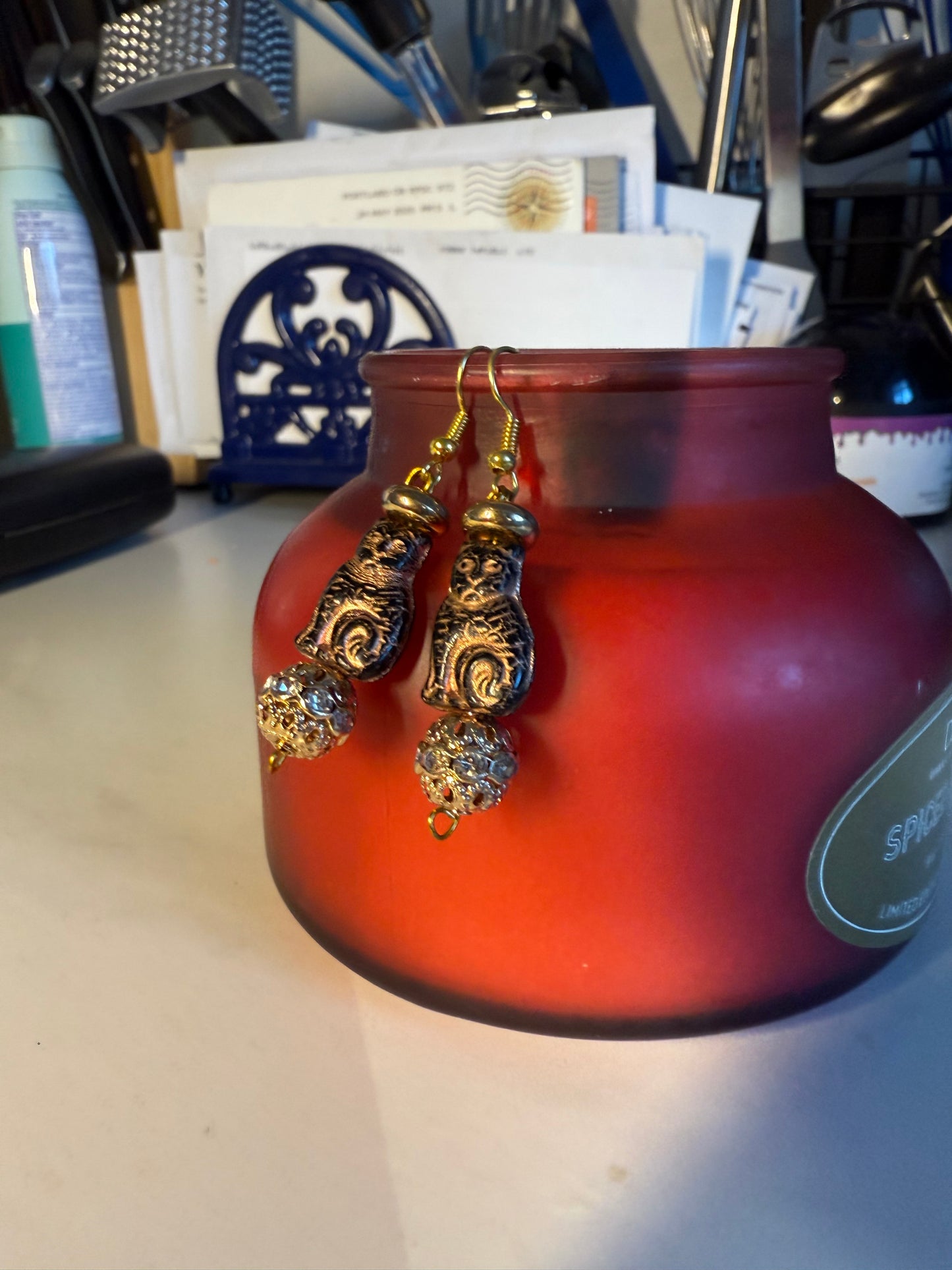 1” Medium Halloween Earrings – Gold Hook with Brown Cat & Metallic Beads