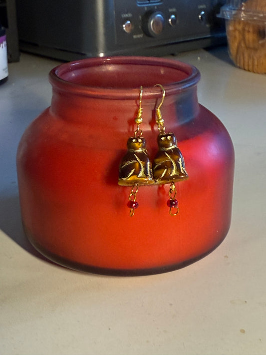 1” Medium Halloween Earrings – Gold Hook with Brown Cat & Red Bead