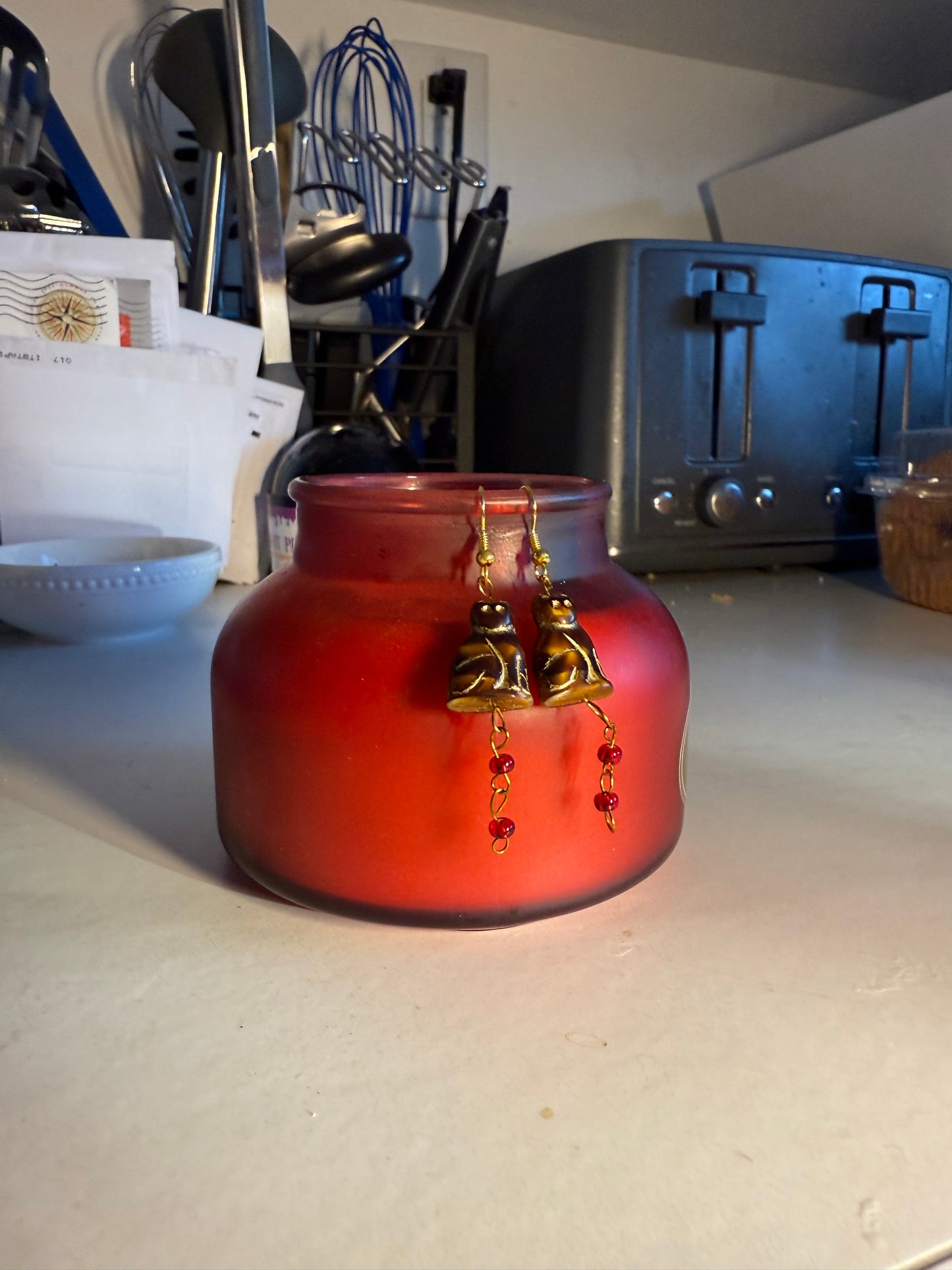 1” Medium Halloween Earrings – Gold Hook with Brown Cat & Red Beads