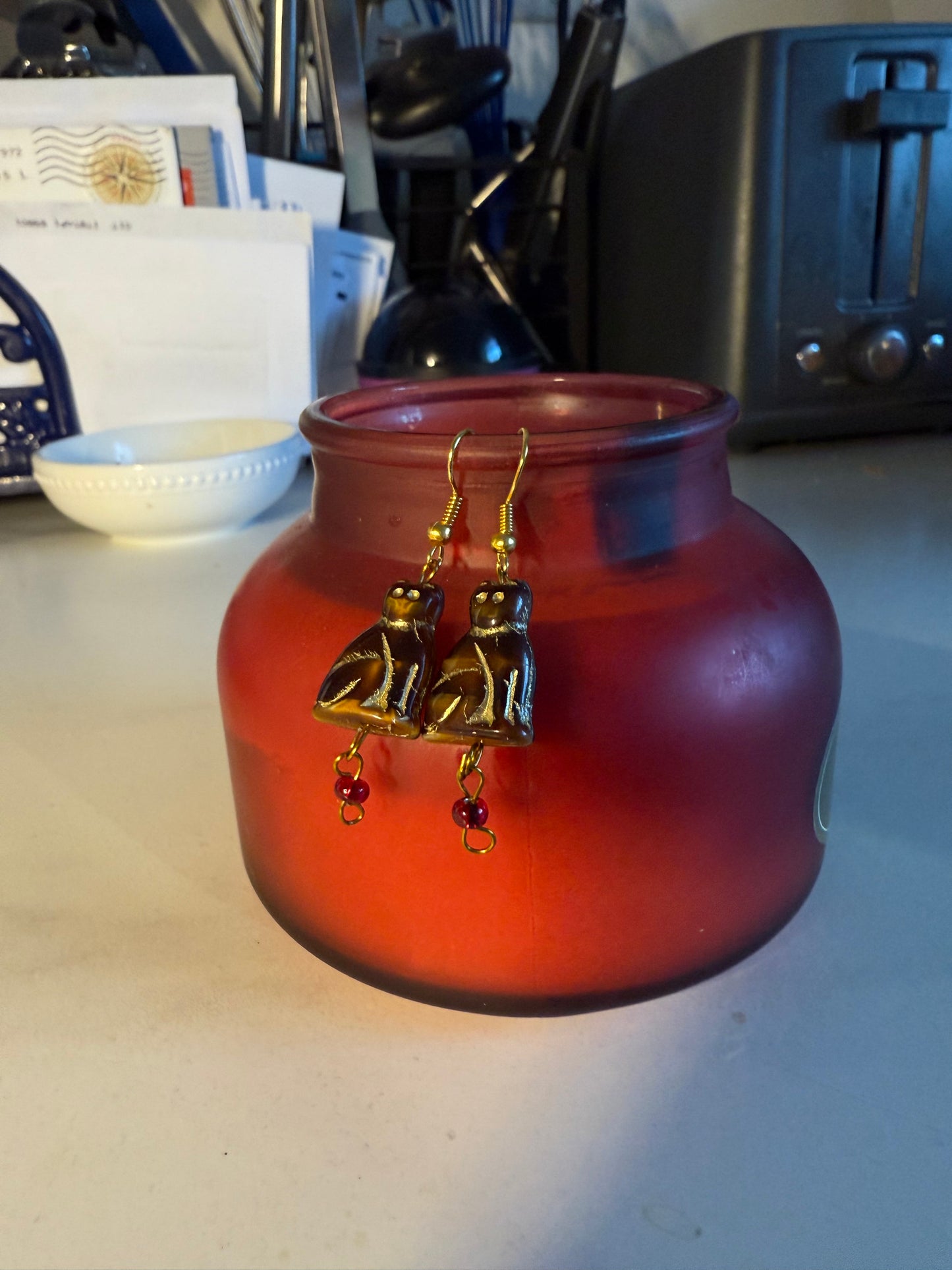 1” Medium Halloween Earrings – Gold Hook with Brown Cat & Red Bead