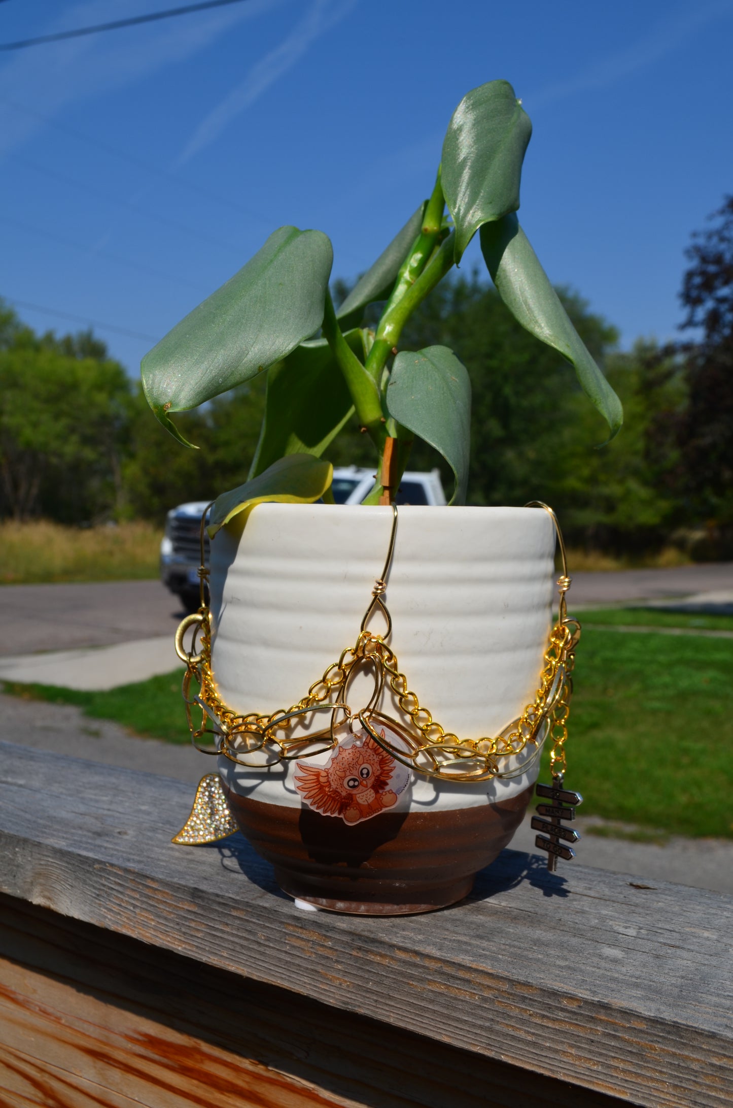 White and Brown Pretty Plants Pot | Upcycled Jewelry & Mashup Critters Artwork | **Plant Not Included