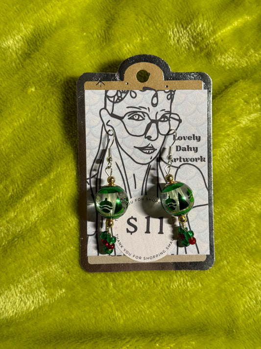 Green Tree & Pinecone Globe Earrings with Festive Beads — 2” Dangle