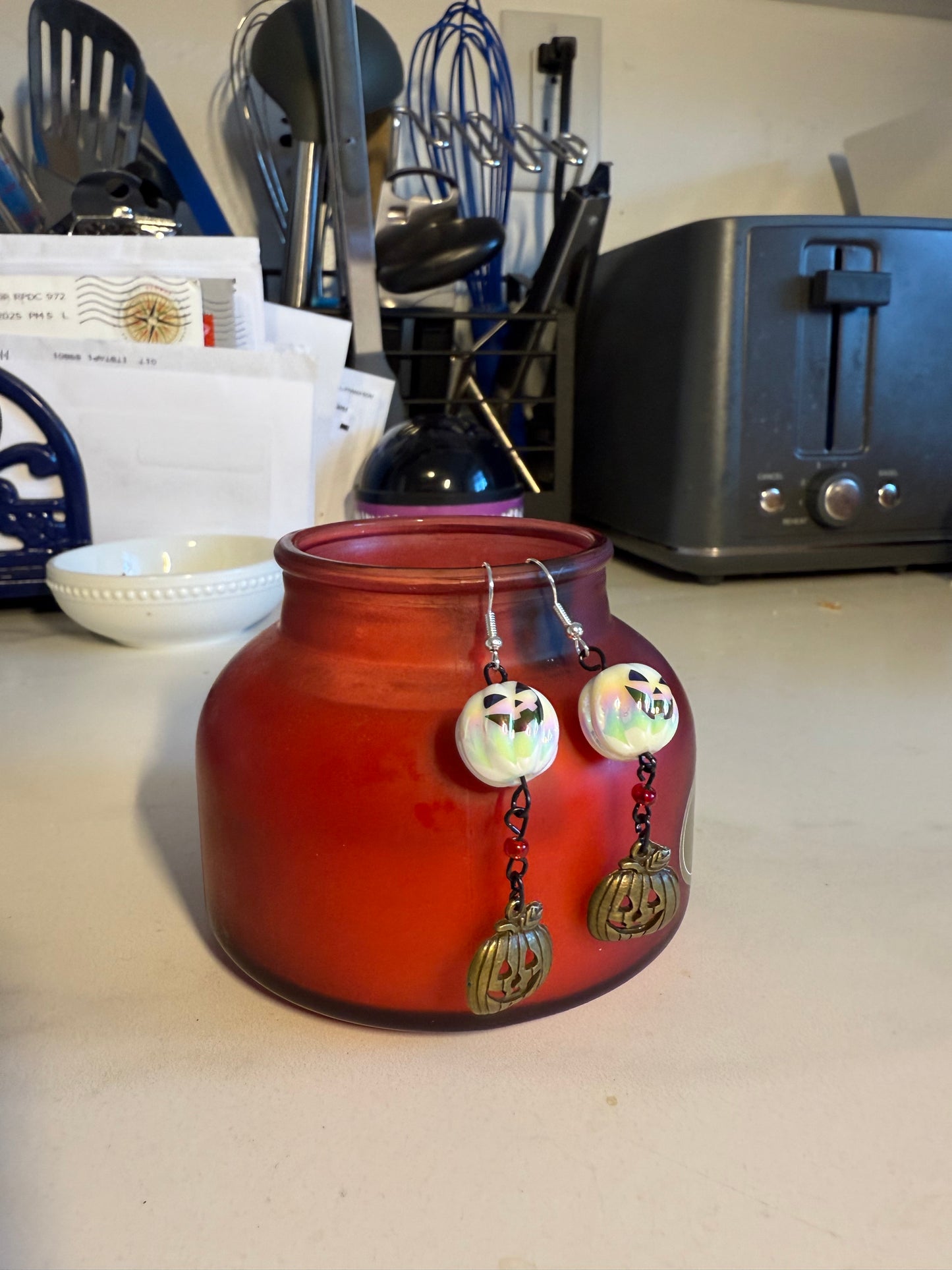 2” Handcrafted Halloween Long Earrings | White Jack-O’-Lantern & Brass Charm