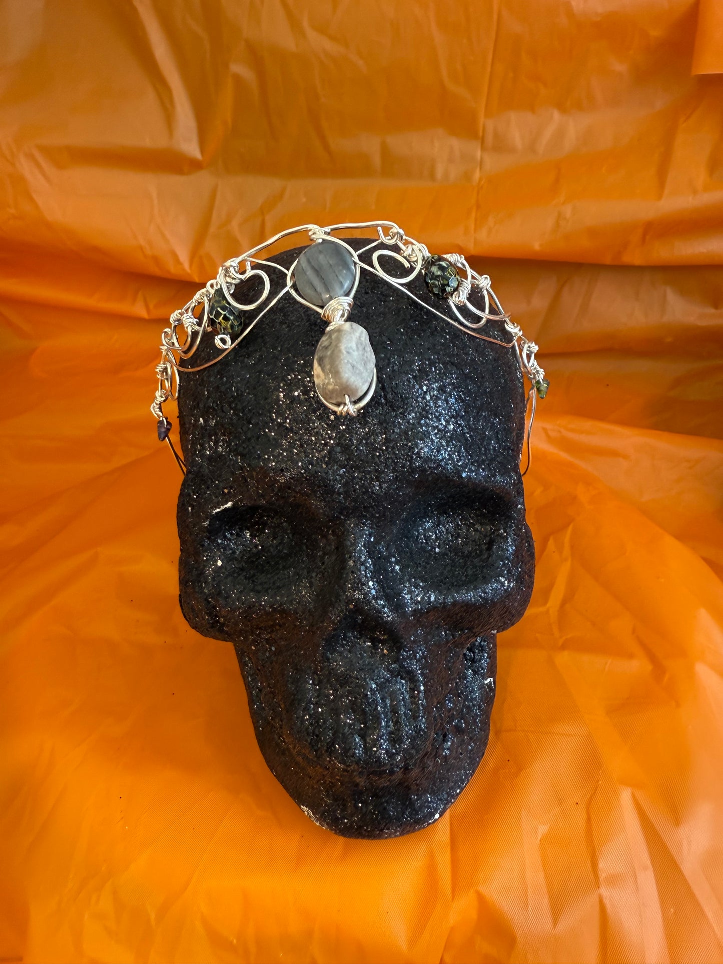 Whimsical Silver Crown with Flat & Raised Center Stones | Handcrafted Elven Headpiece