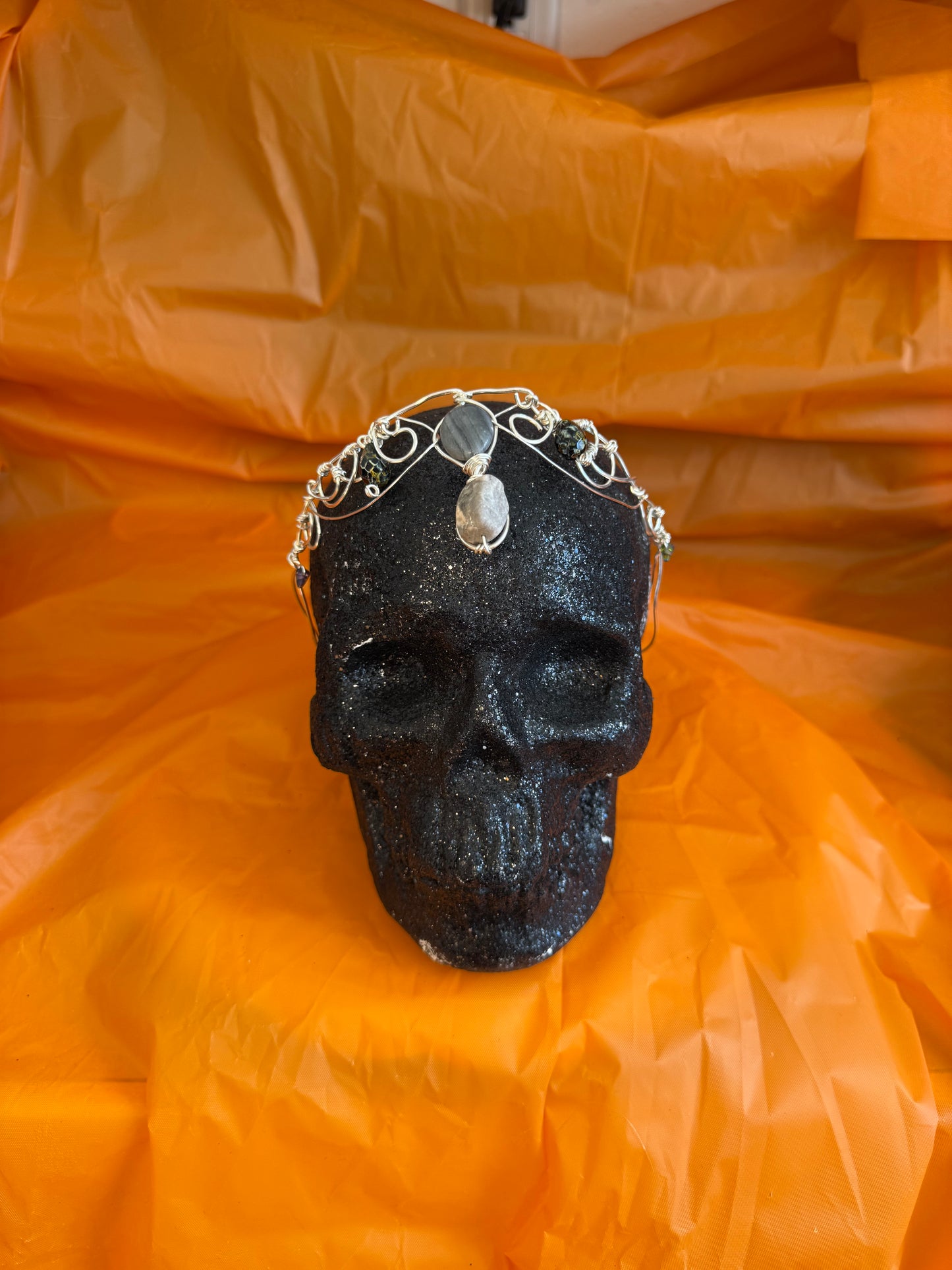 Whimsical Silver Crown with Flat & Raised Center Stones | Handcrafted Elven Headpiece