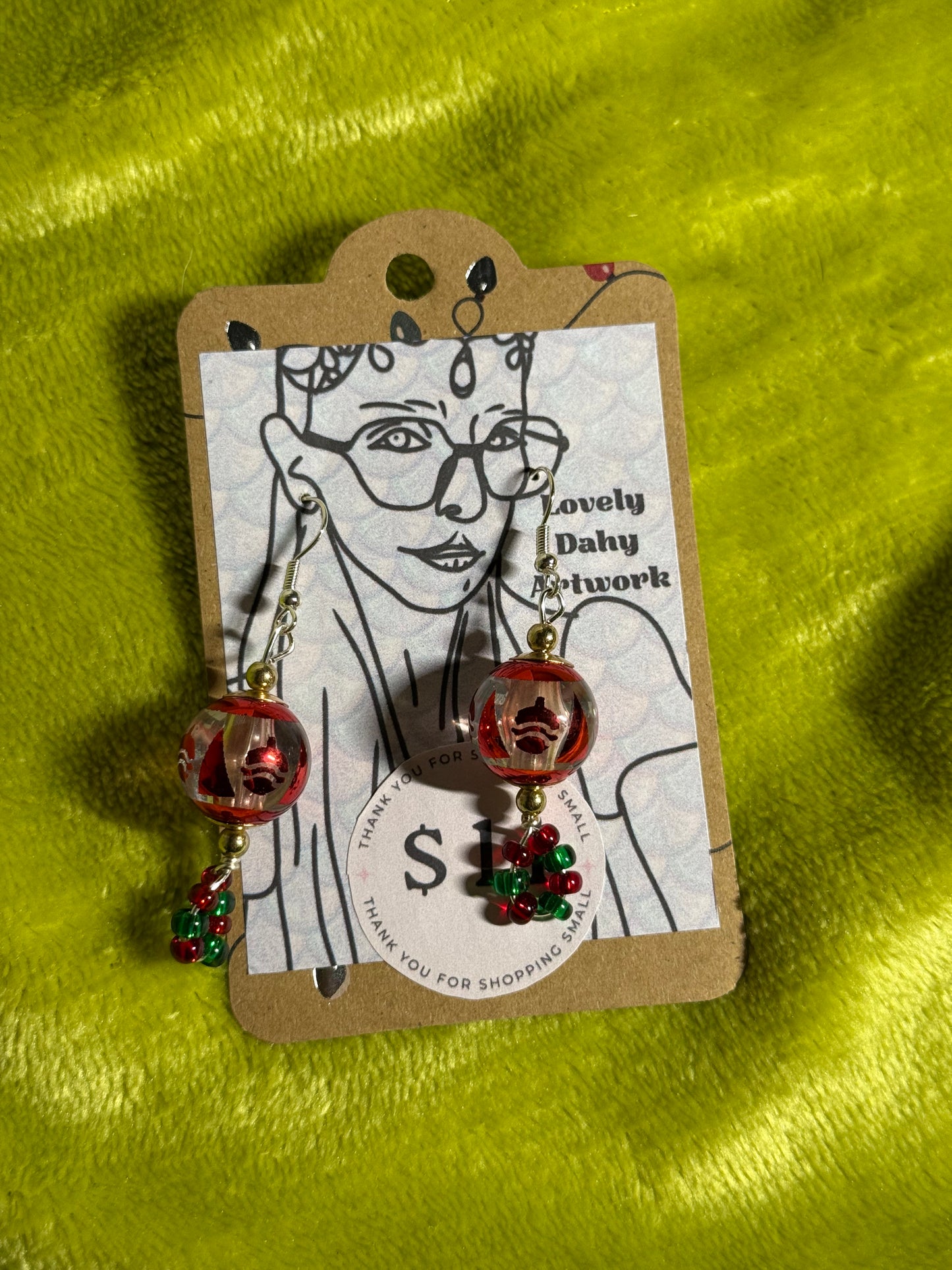 Red Tree Pinecone Globe Earrings with Festive Colored Beads —2” Dangle