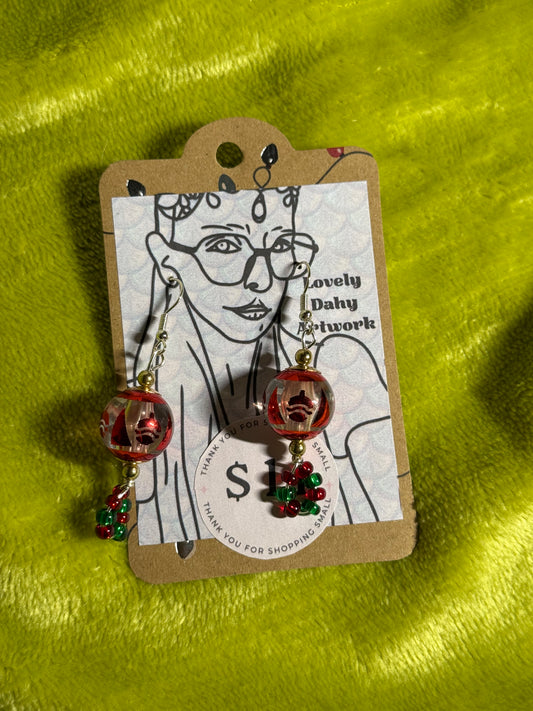 Red Tree Pinecone Globe Earrings with Festive Colored Beads —2” Dangle