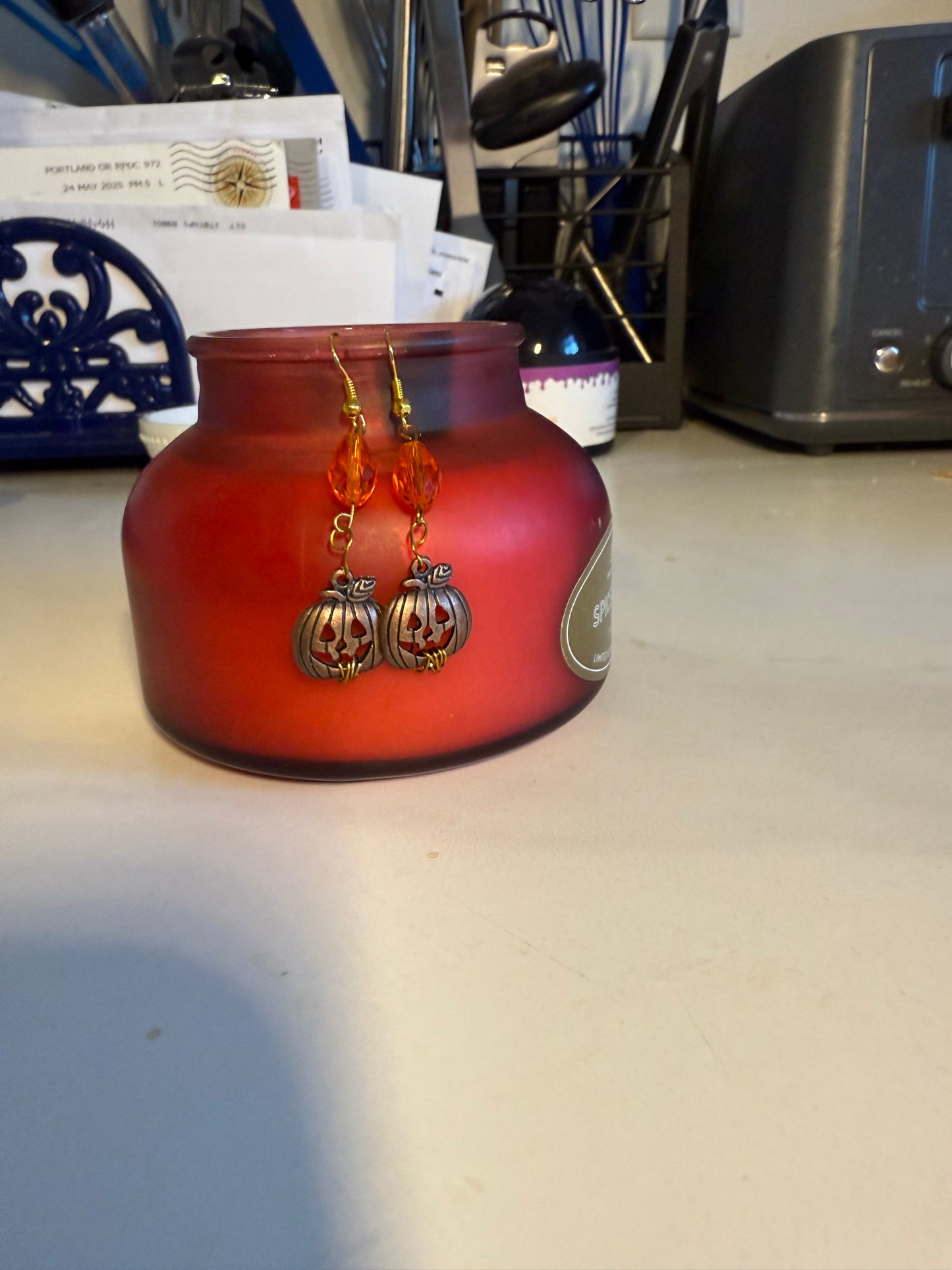 2” Handcrafted Halloween Long Earrings | Semi-Clear Orange & Brass Jack-O’-Lantern