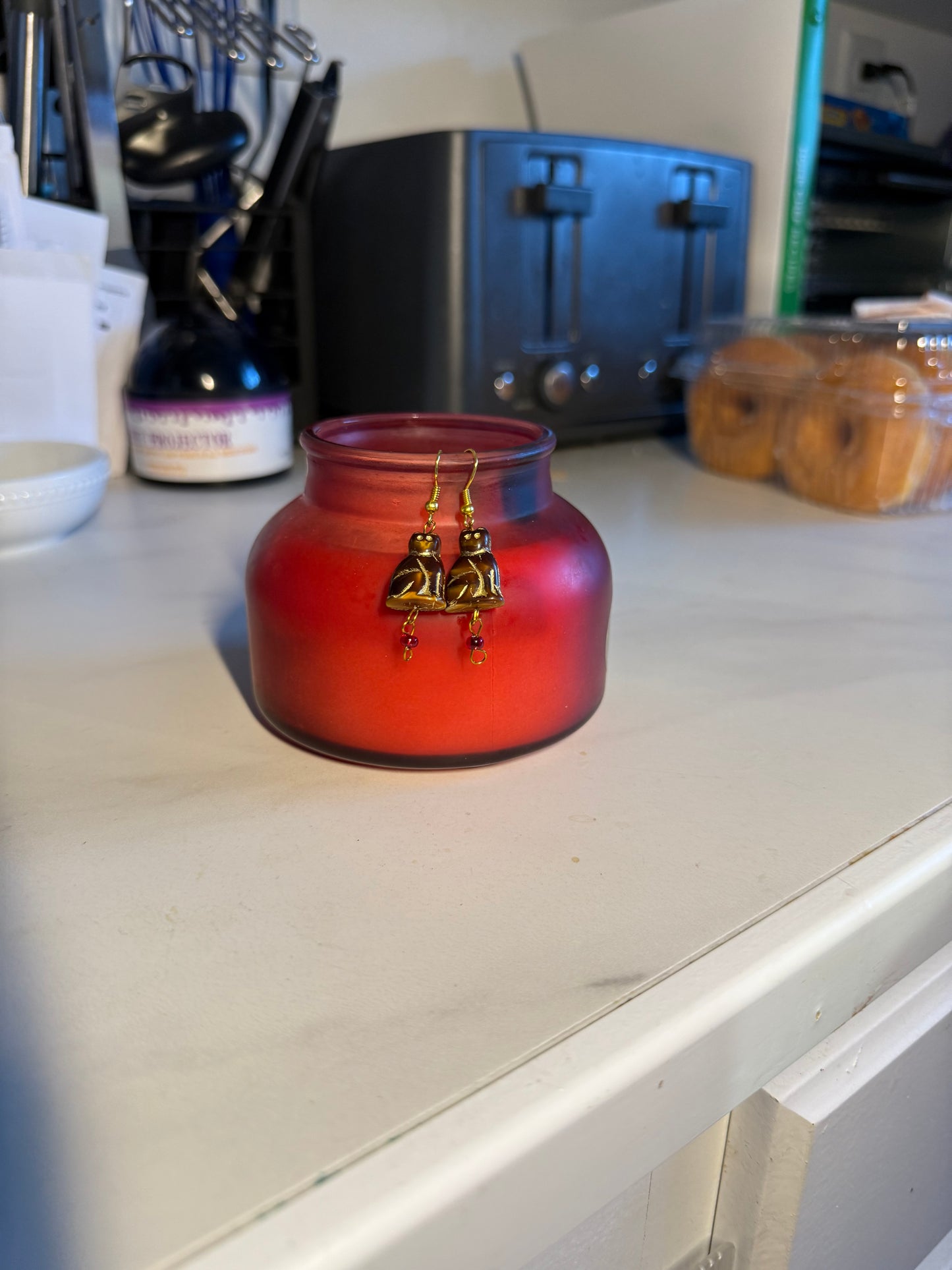 1” Medium Halloween Earrings – Gold Hook with Brown Cat & Red Bead