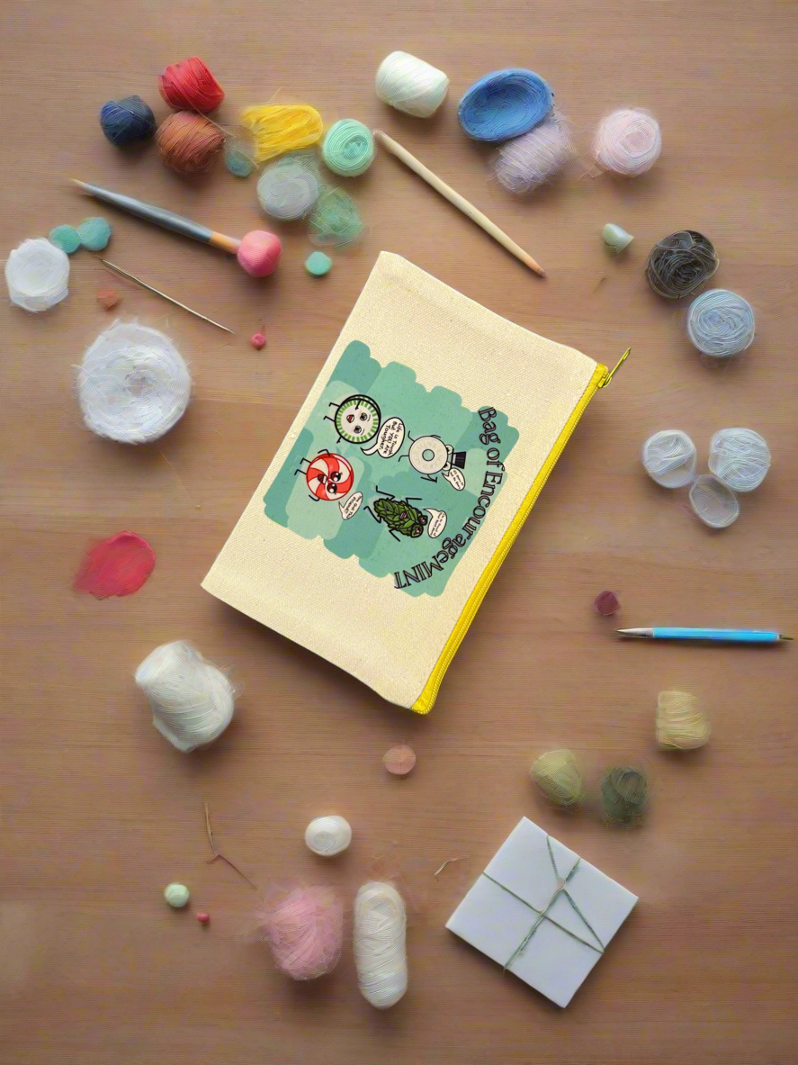 “Bag of EncourageMINT” Zipper Pouch – Blue Background, White Zipper - No Handle