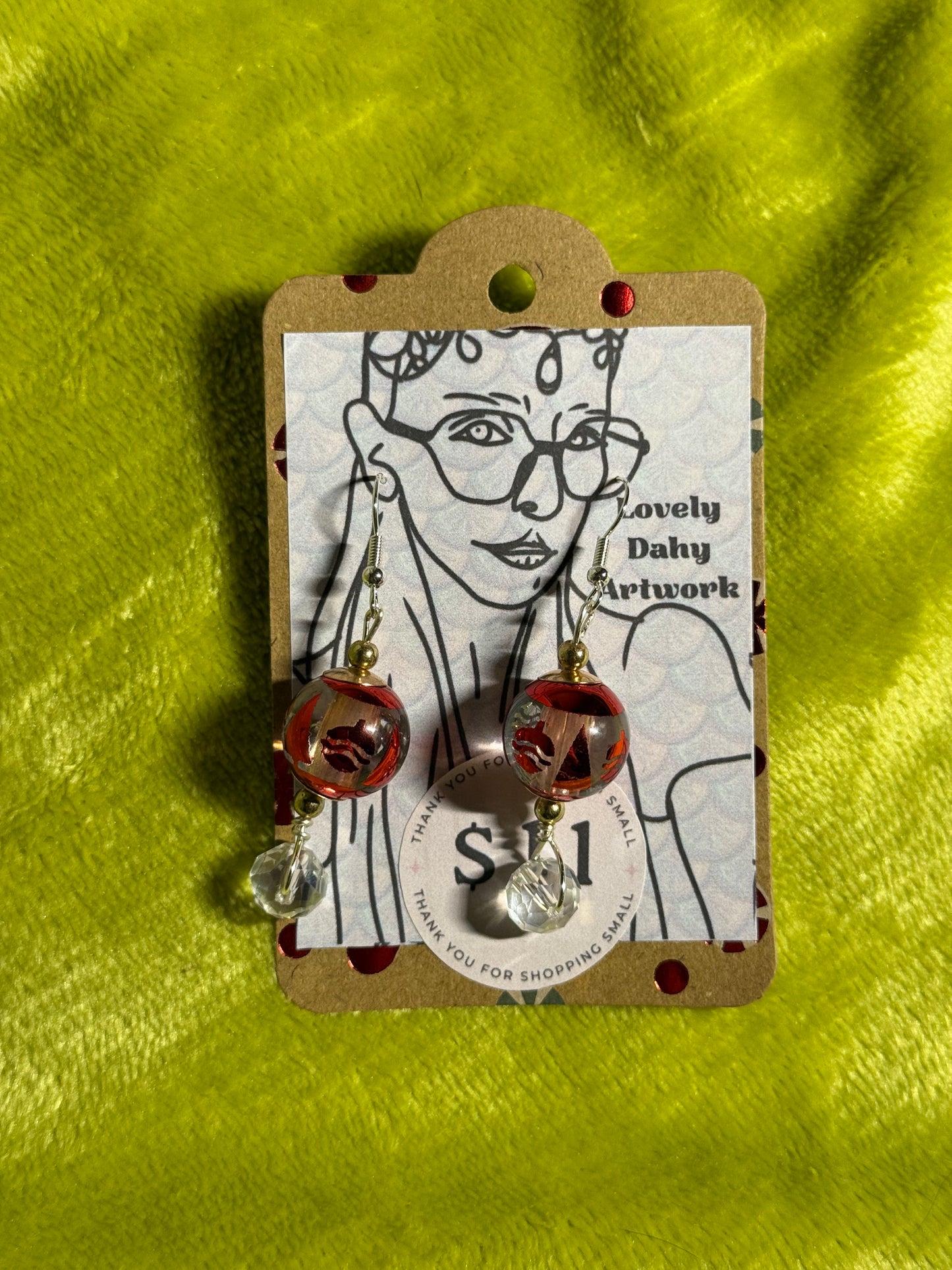 Red Tree & Pinecone Globe Earrings — 2” Dangle