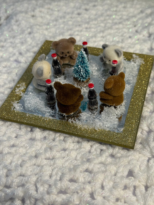 Bear Friends Christmas Tabletop Art – Mini Tree & Cola Scene
