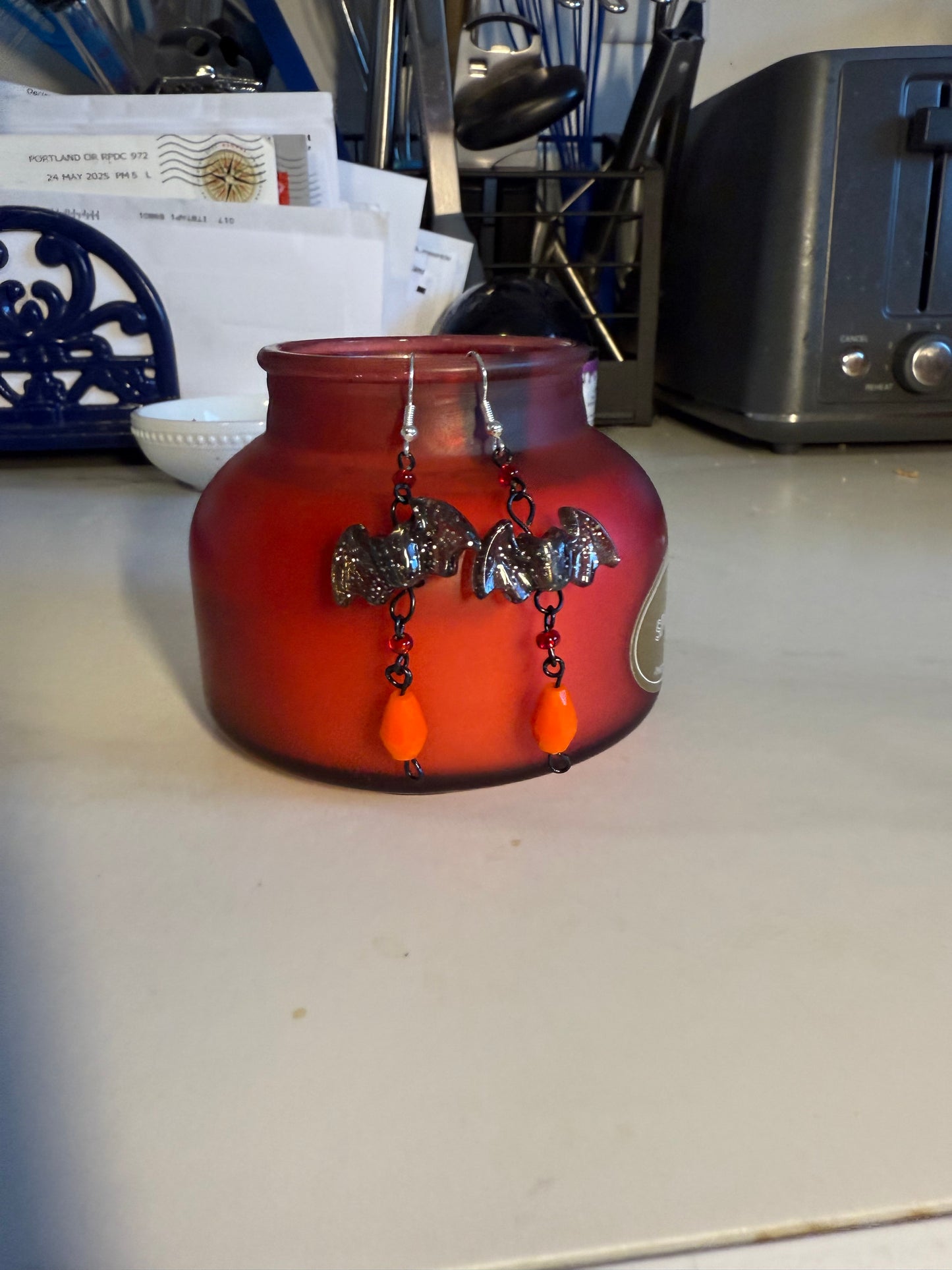 2” Handcrafted Halloween Long Earrings | Black Sparkling Bat & Red Beads