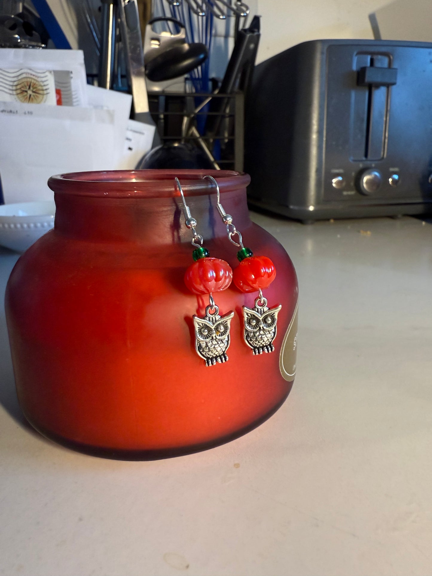 1” Handcrafted Halloween Earrings | Silver Owl Charm, Pumpkin Bead & Green Accent