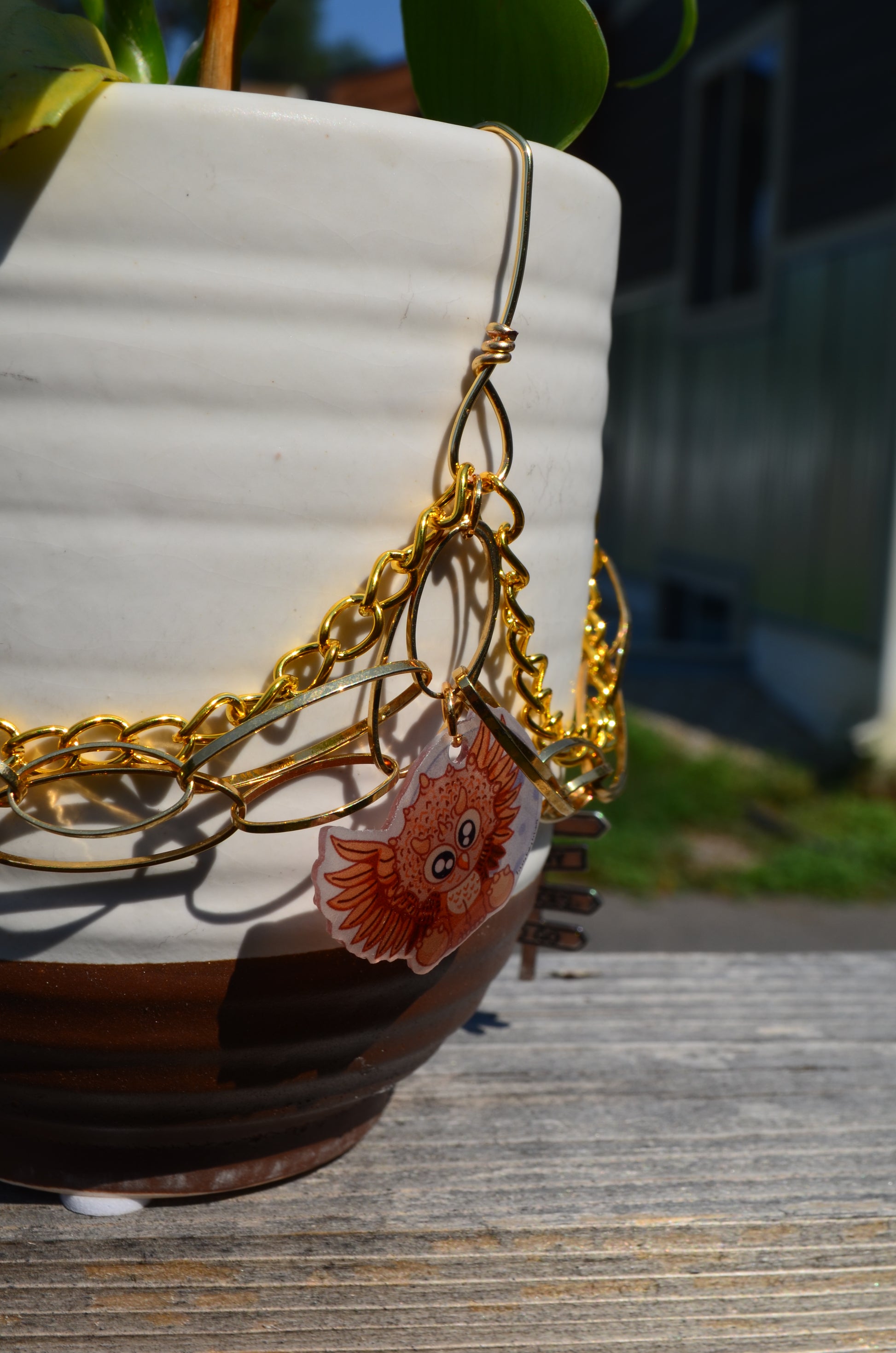 White and Brown Pot with Jewelry **Plant Not Included