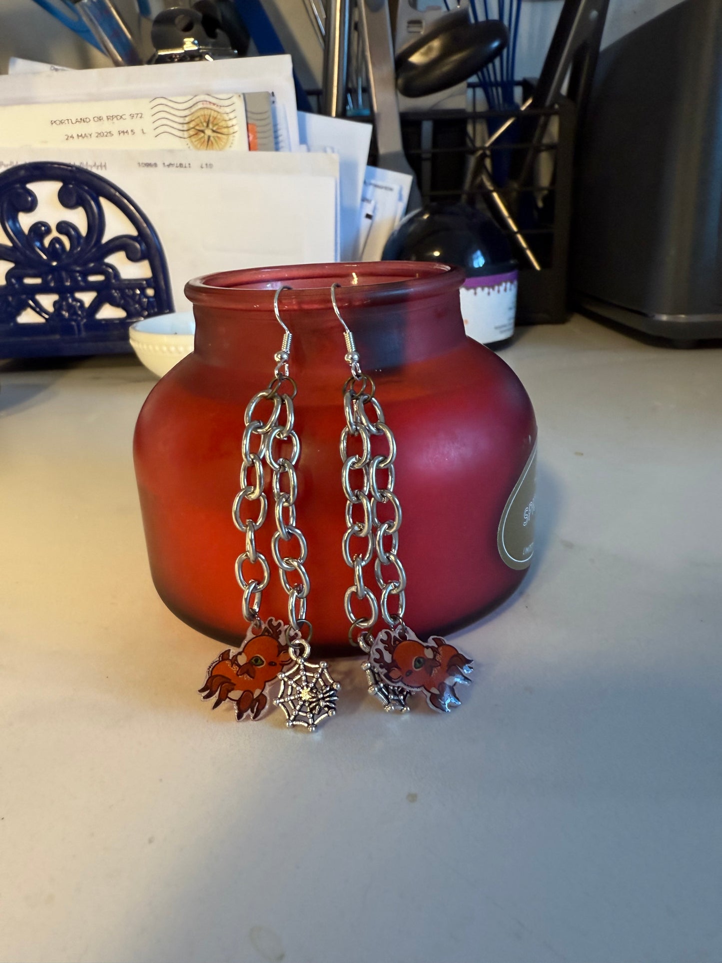 2” Handcrafted Halloween Long Chain Earrings | Spiderweb & SpiDEER Resin Charm