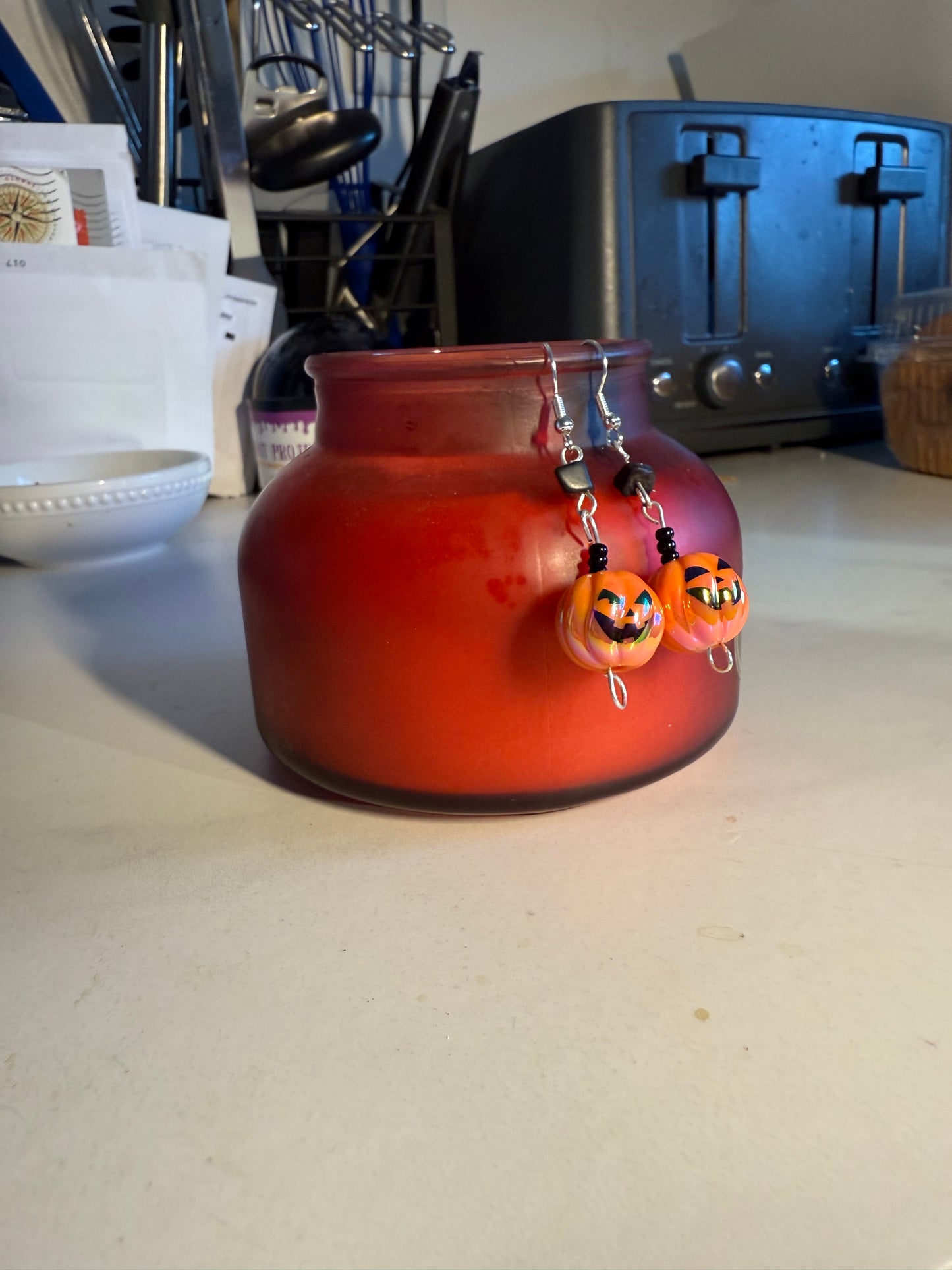 1” Medium Halloween Earrings – Orange Pumpkin, Black Stone & Black Accent Beads