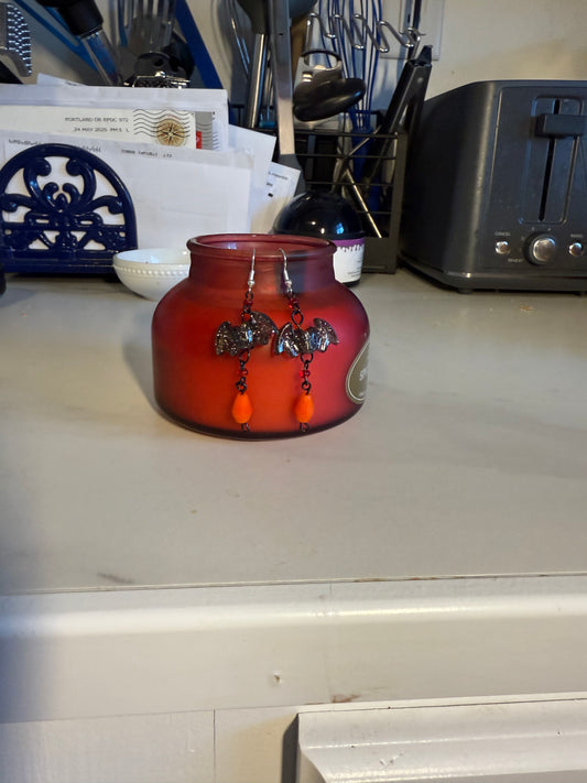 2” Handcrafted Halloween Long Earrings | Black Sparkling Bat & Red Beads