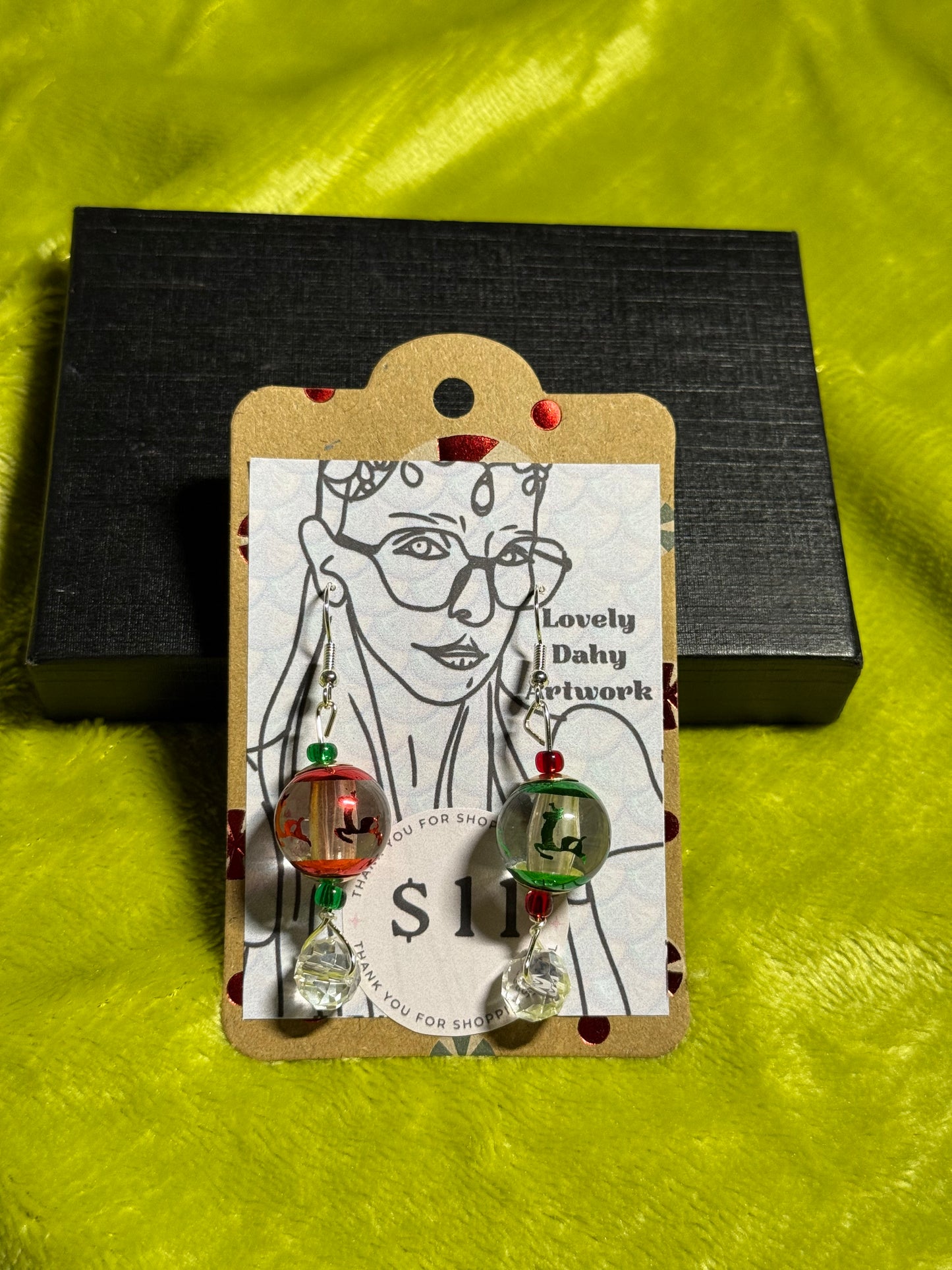 Mismatched Reindeer Globe Earrings with Festive Colored Beads — 2” Dangle