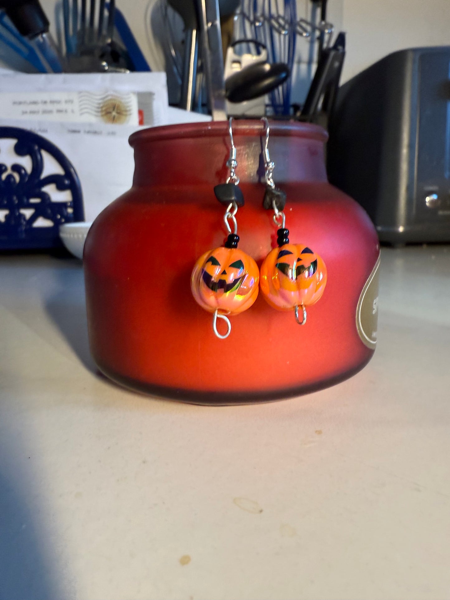 1” Medium Halloween Earrings – Orange Pumpkin, Black Stone & Black Accent Beads