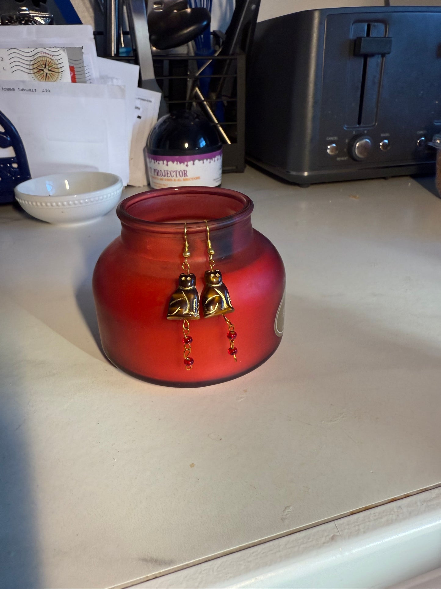 1” Medium Halloween Earrings – Gold Hook with Brown Cat & Red Beads