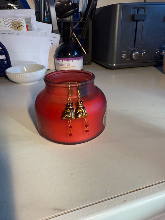 1” Medium Halloween Earrings – Gold Hook with Brown Cat & Red Beads