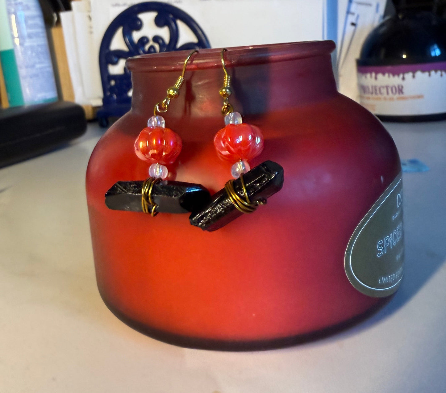 1” Handcrafted Halloween Earrings | Black Stone & Pumpkin Bead with Iridescent Accents