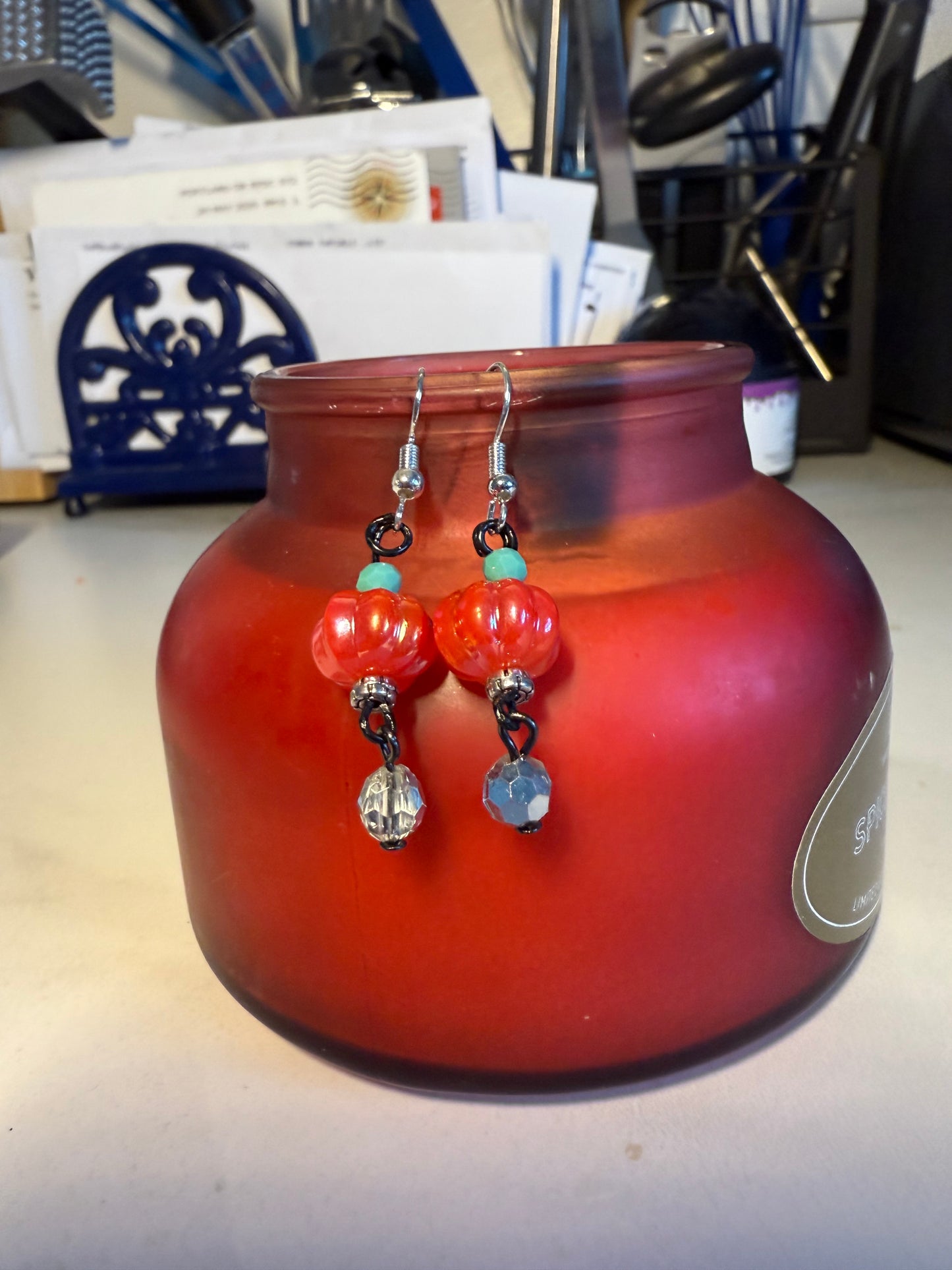 1” Handcrafted Halloween Earrings | Pumpkin Bead with Green & Disco Accents